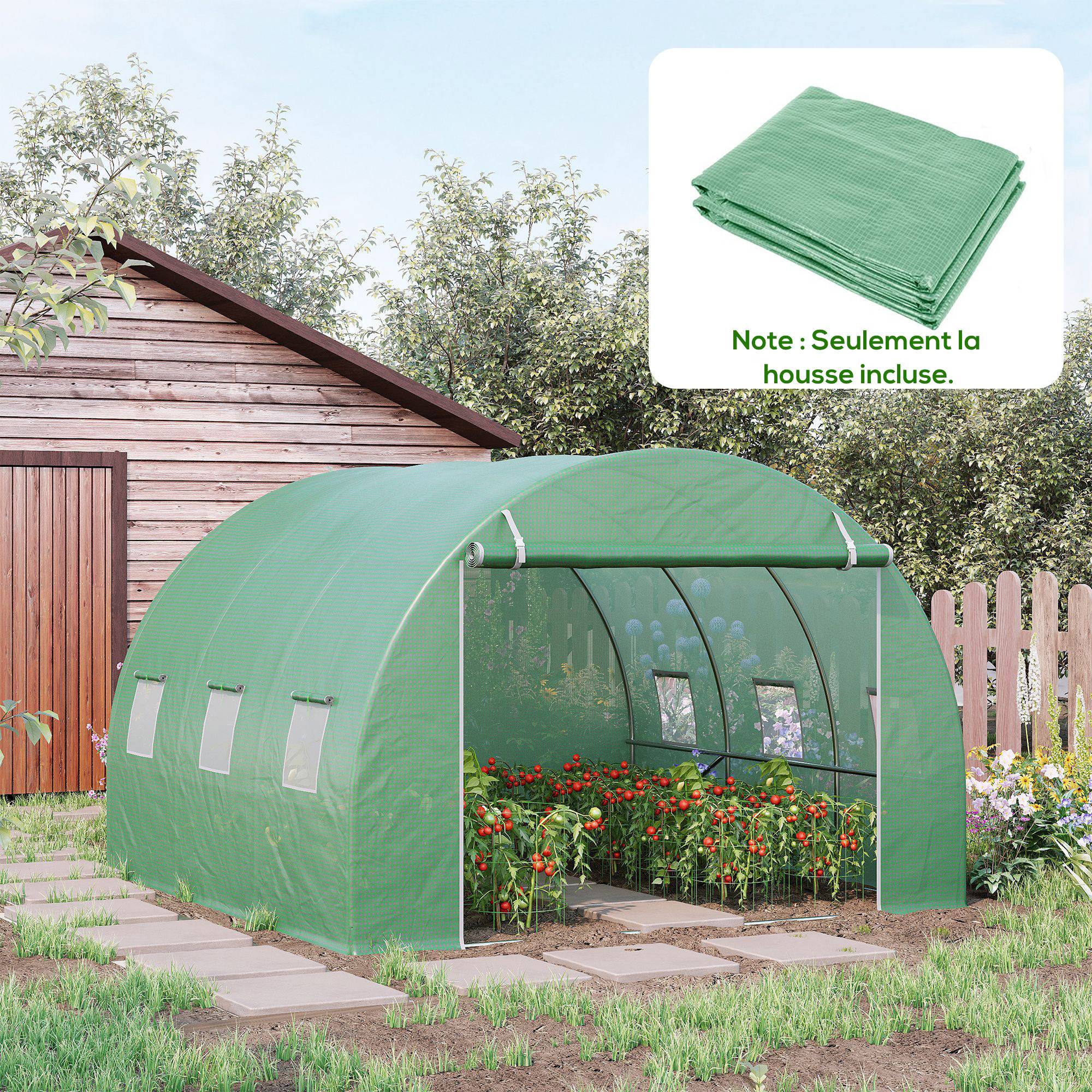 Bâche de Rechange Serre Tunnel 9 m², bâche 3 x 3 x 2 m PE Anti-UV imperméable 6 fenêtres + Porte Enroulable zippée Vert foncé - Image 3