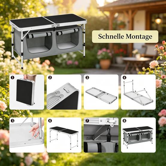 Table jardin pliable avec sac de rangement, pieds modulables pour pique-nique - Image 3