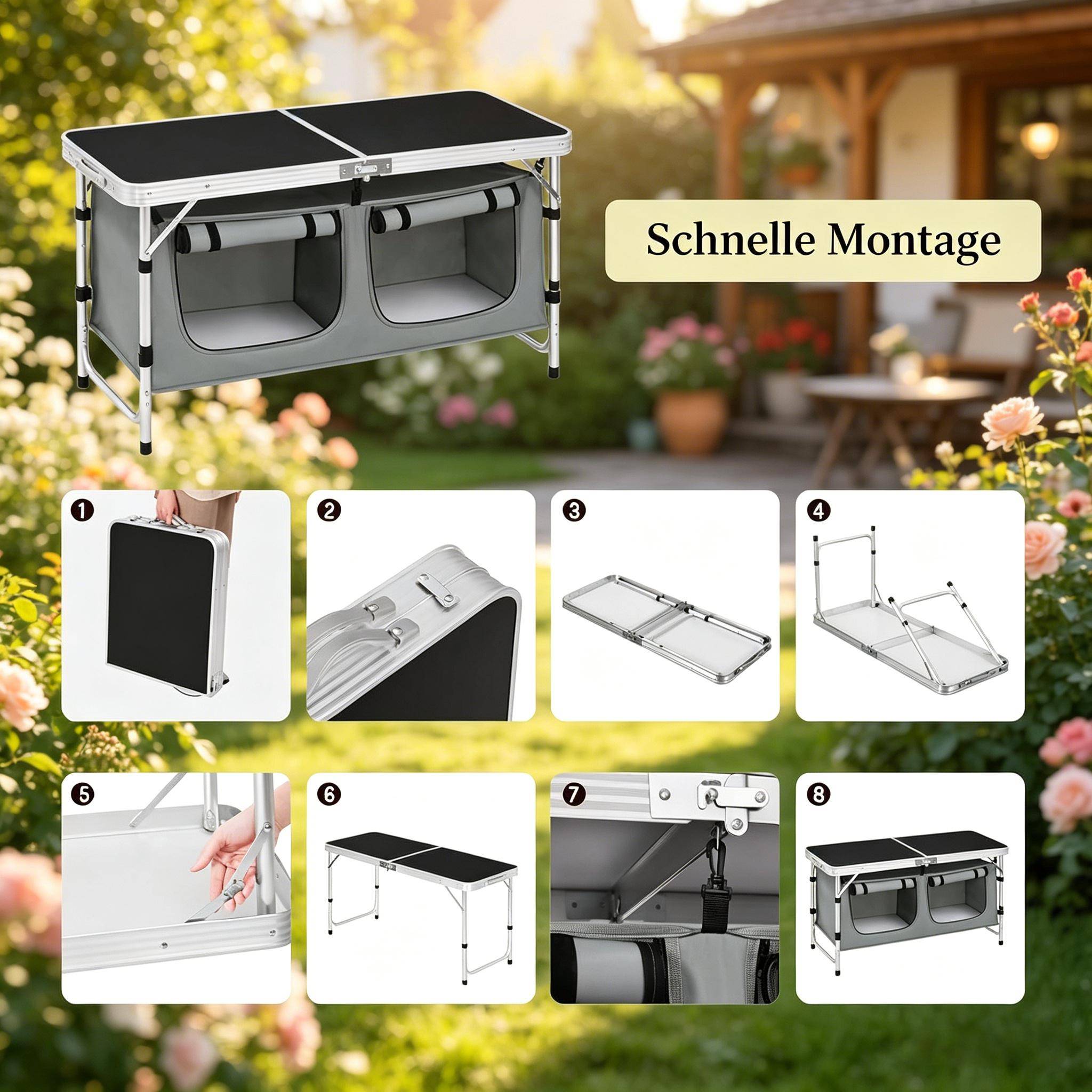 Table jardin pliable avec sac de rangement, pieds modulables pour pique-nique - Image 3