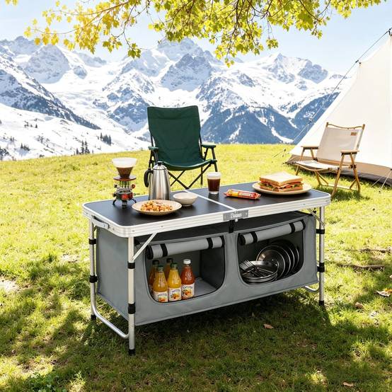 Table jardin pliable avec sac de rangement, pieds modulables pour pique-nique - Image 6
