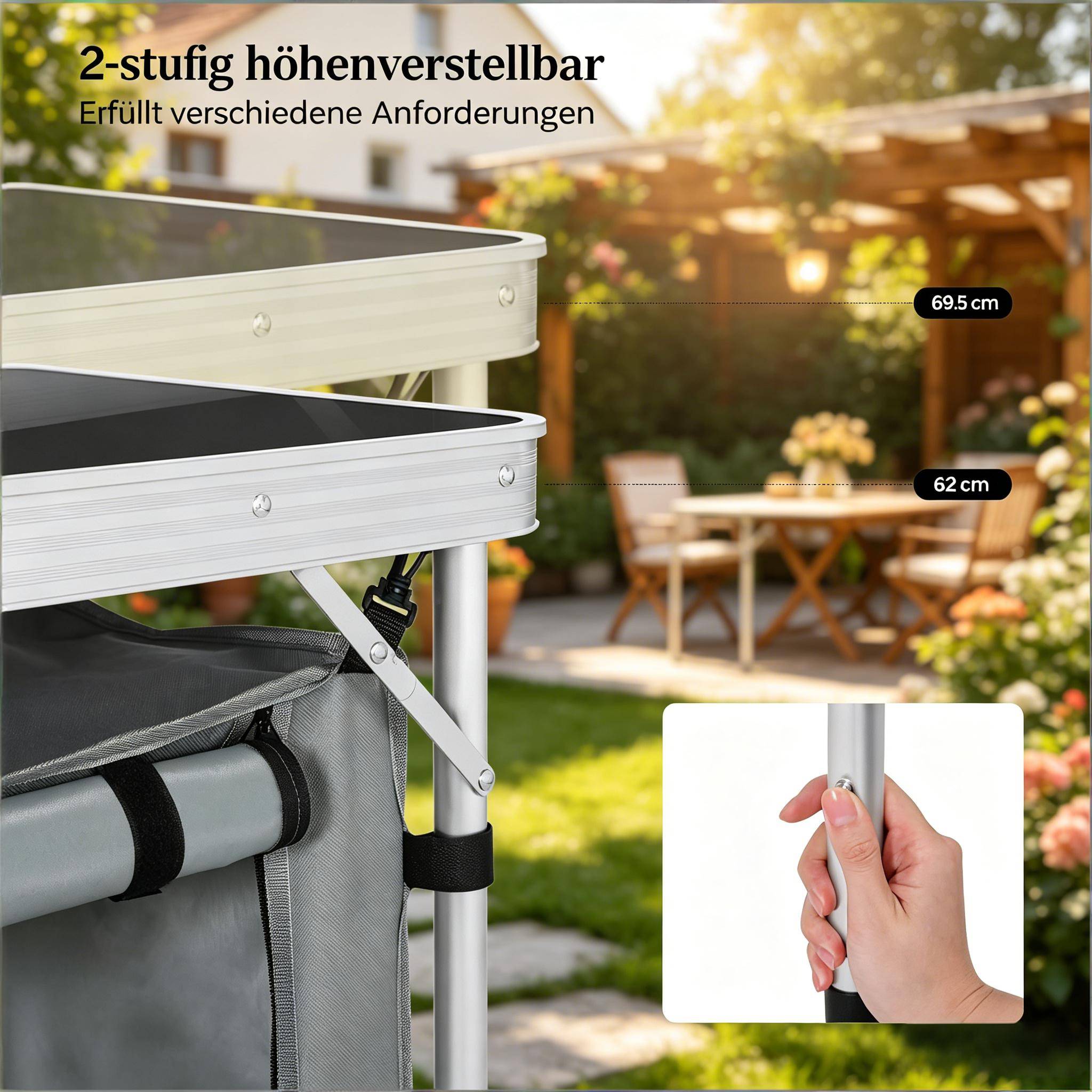Table jardin pliable avec sac de rangement, pieds modulables pour pique-nique - Image 7