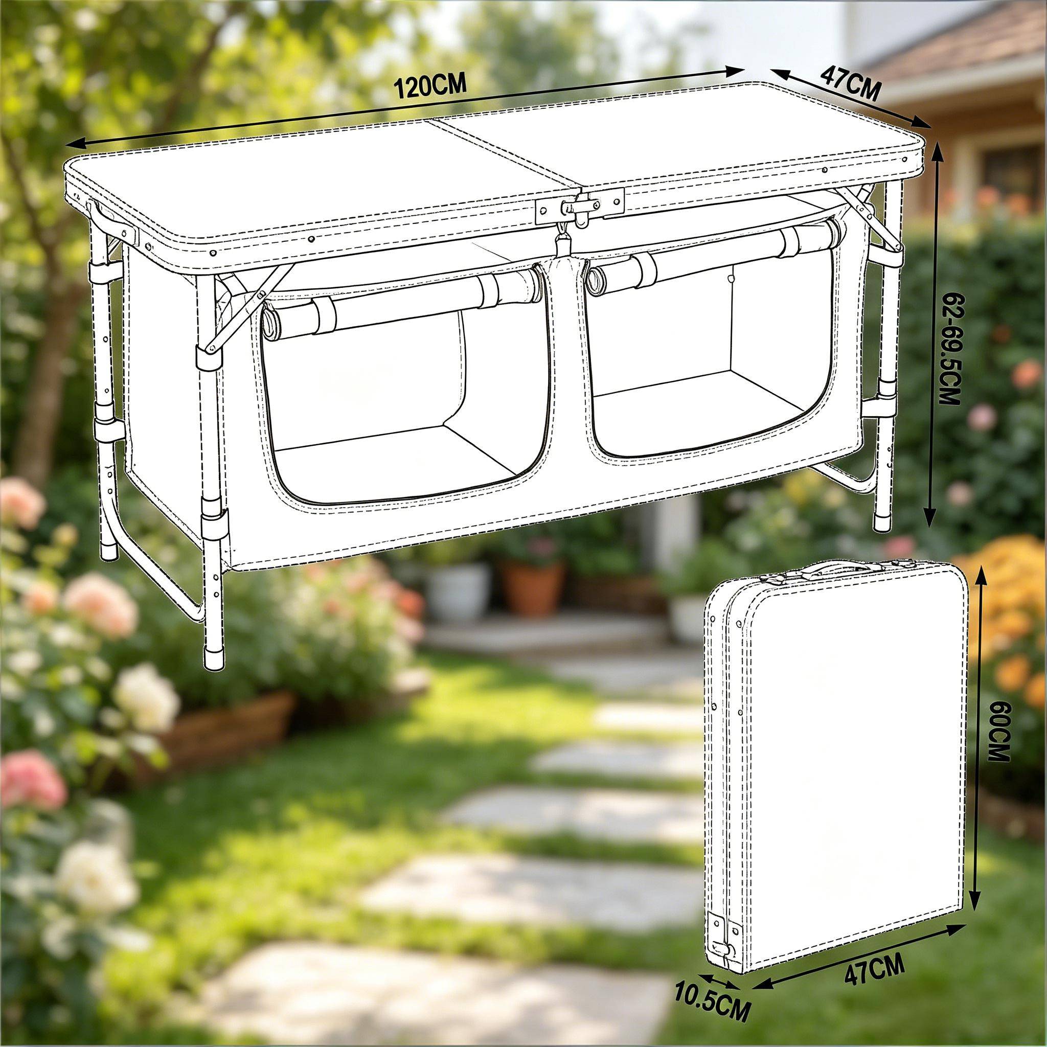 Table jardin pliable avec sac de rangement, pieds modulables pour pique-nique - Image 8