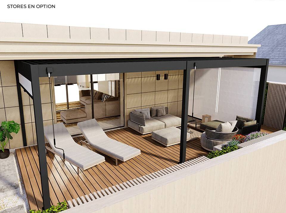 Pergola Bioclimatique Aluminium Autoportée 19m² - 3,6x5,3 - Store Latéral Inclus - Anthracite - 34 lames en Aluminium a 120 degrés - Image 3