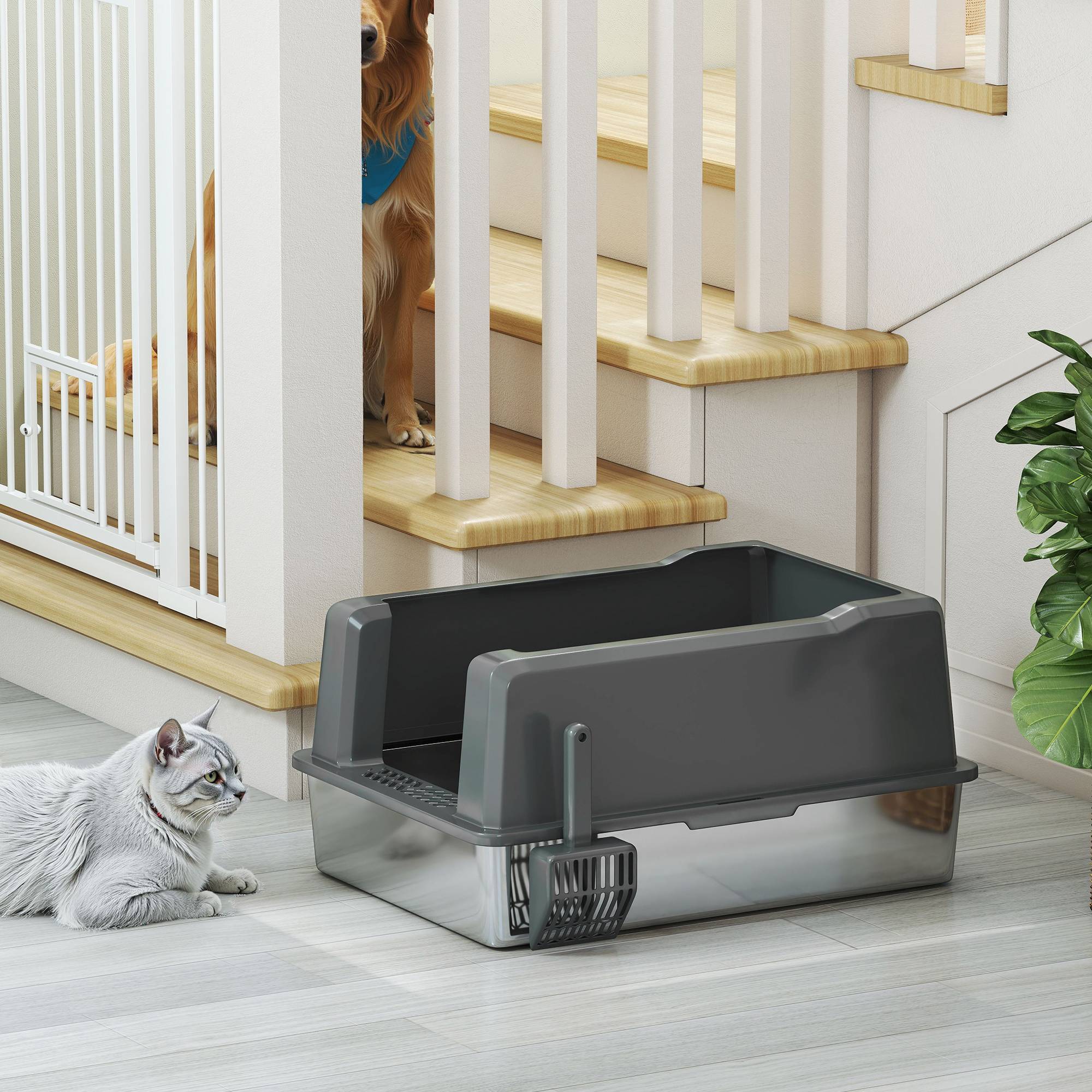 Bac à litière pour chat en acier inoxydable 85L grande capacité maison de toilette semi-fermée, 71 x 50,8 x 35,5 cm gris - Image 10