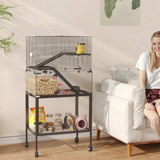 Cage hamster acier verre pour petits rongeurs 3 niveaux tout équipé 77x49x130cm noir - ComfortXL Outdoor Living - Image 1