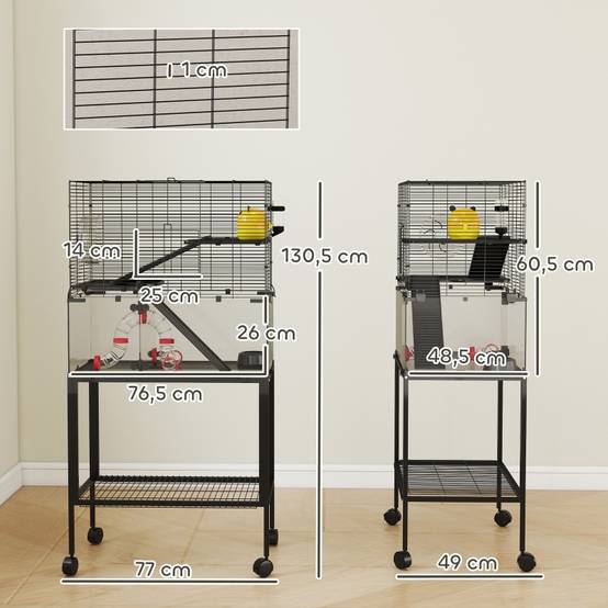 Cage hamster acier verre pour petits rongeurs 3 niveaux tout équipé 77x49x130cm noir - ComfortXL Outdoor Living - Image 3