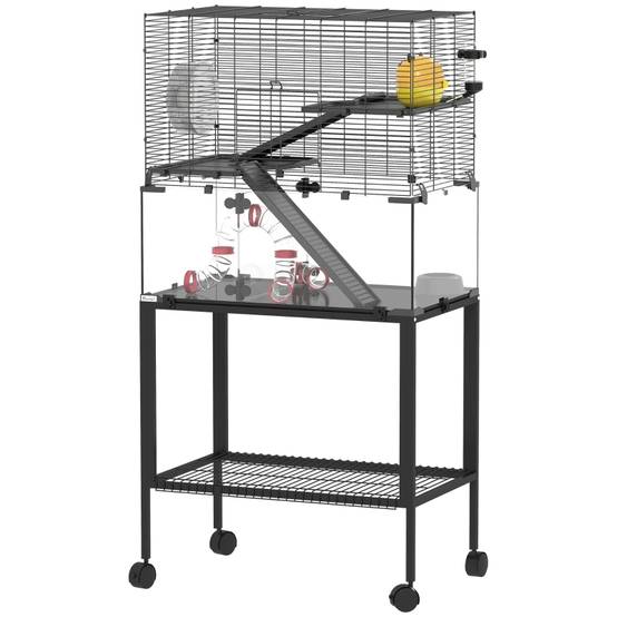 Cage hamster acier verre pour petits rongeurs 3 niveaux tout équipé 77x49x130cm noir - ComfortXL Outdoor Living - Image 2