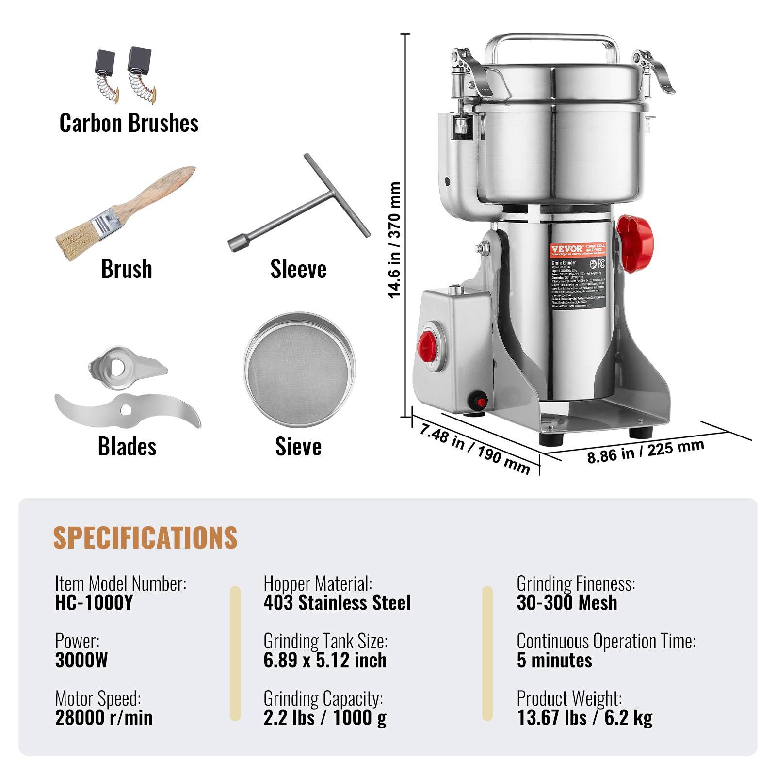 VEVOR Moulin à épices électrique 1000g 3000W, inox, type oscillant, pour céréales, épices, herbes, cafés. - Image 7