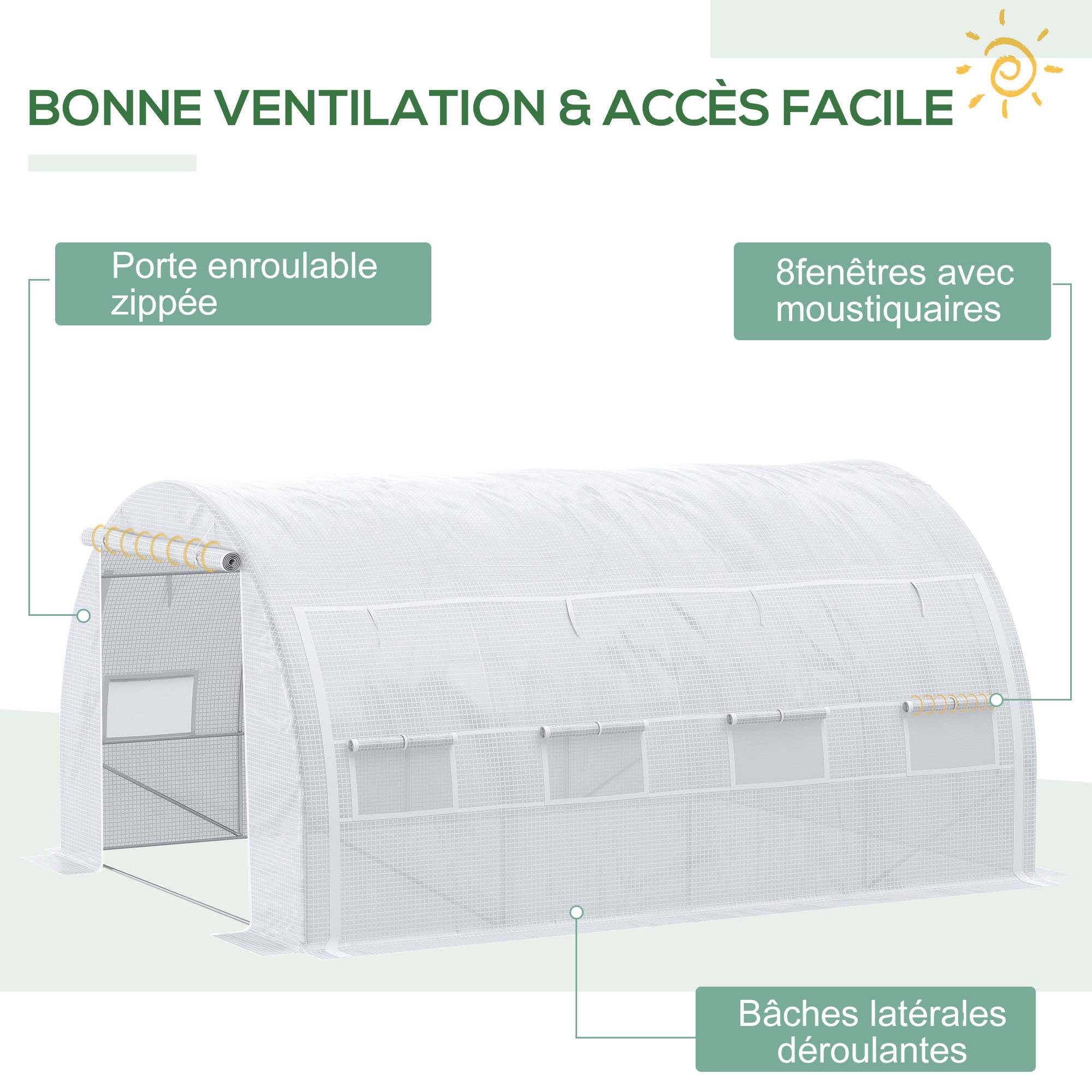 Sans Marque - Serre de jardin serre tunnel 12 m² avec porte, parois latérales enroulables 8 fenêtres acier PE 4 x 3 x 2 m blanc - Image 7