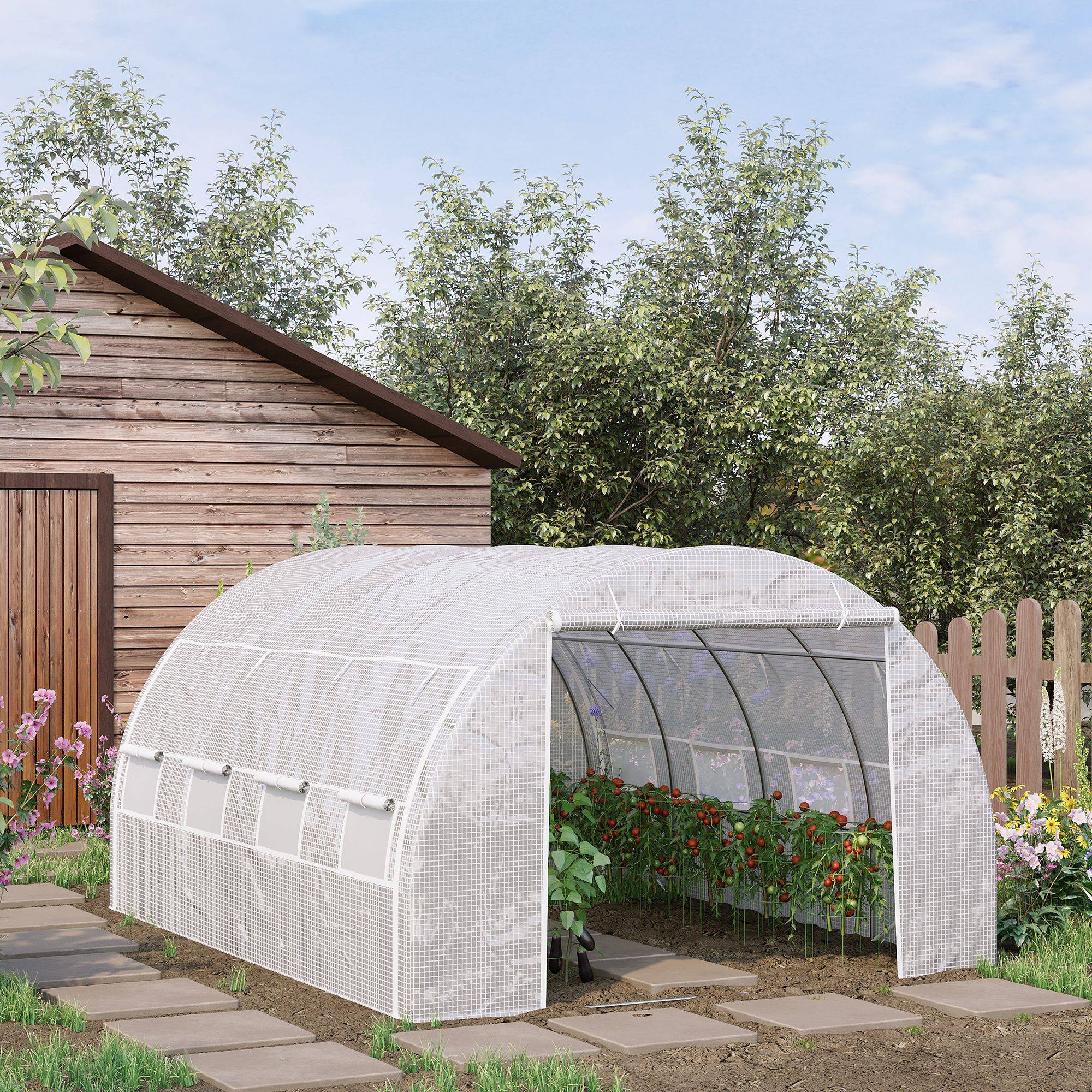 Sans Marque - Serre de jardin serre tunnel 12 m² avec porte, parois latérales enroulables 8 fenêtres acier PE 4 x 3 x 2 m blanc - Image 4