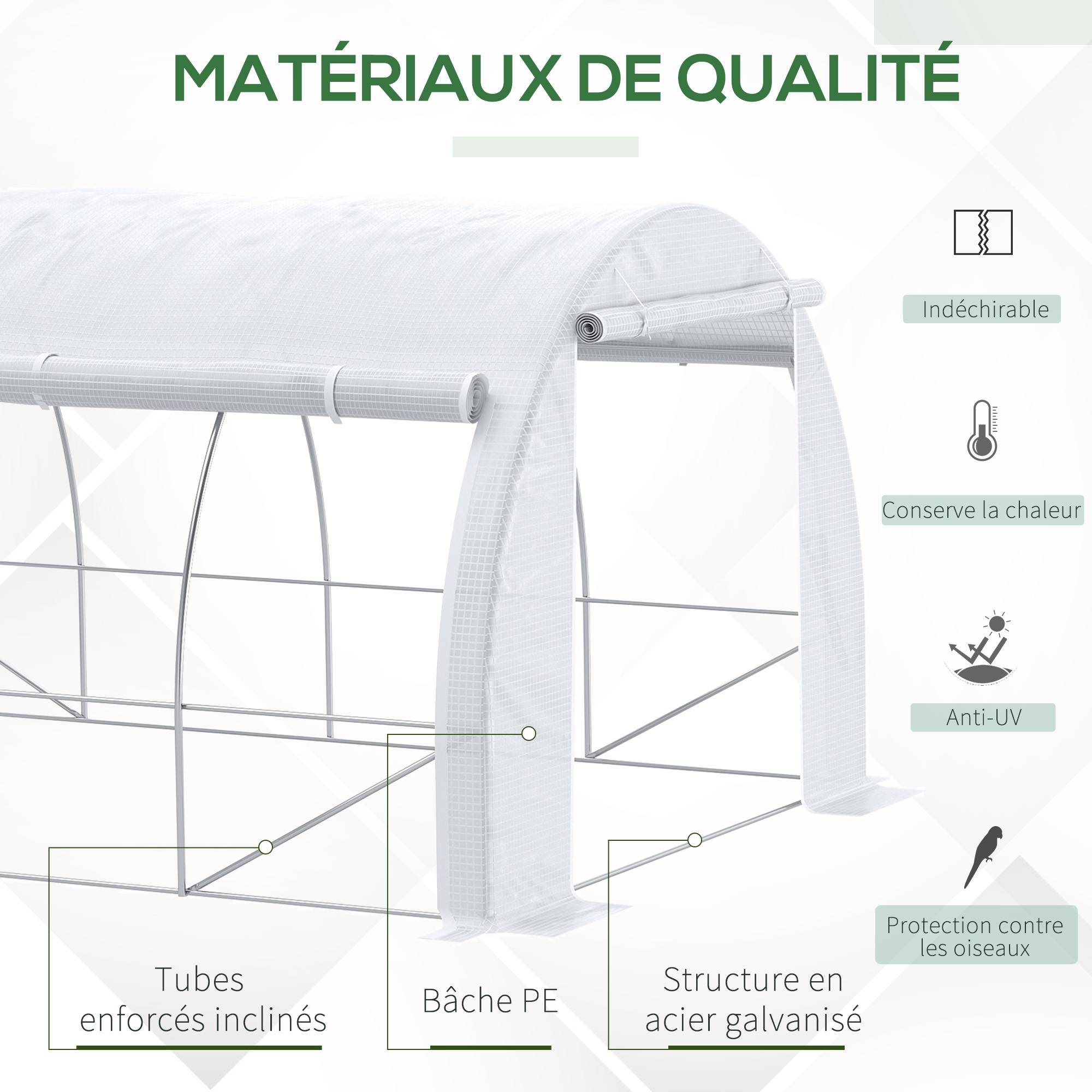Sans Marque - Serre de jardin serre tunnel 12 m² avec porte, parois latérales enroulables 8 fenêtres acier PE 4 x 3 x 2 m blanc - Image 6