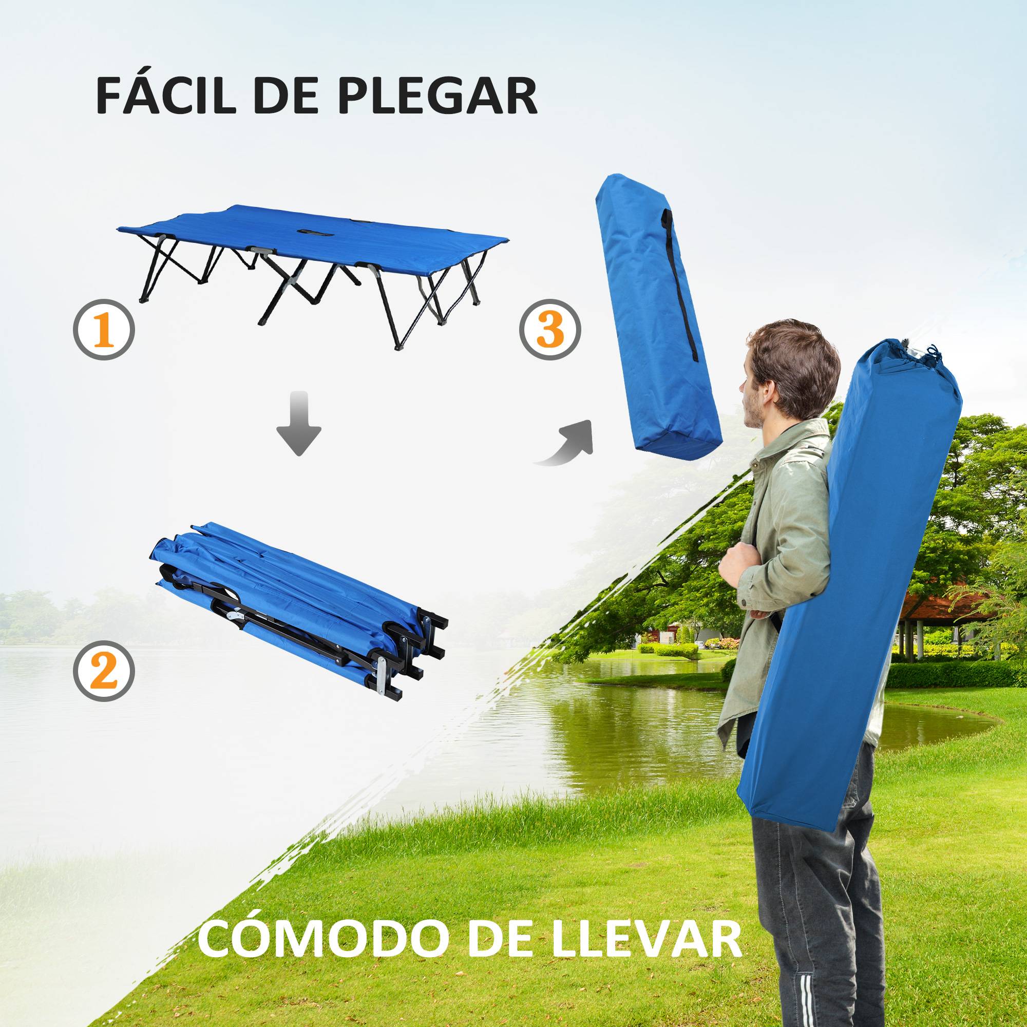 Lit de camp pliant avec sac de transport et cadre en métal, capacité de charge 136 kg, idéal pour la plage et la randonnée, 193 x 125 x 40 cm, bleu - Image 7