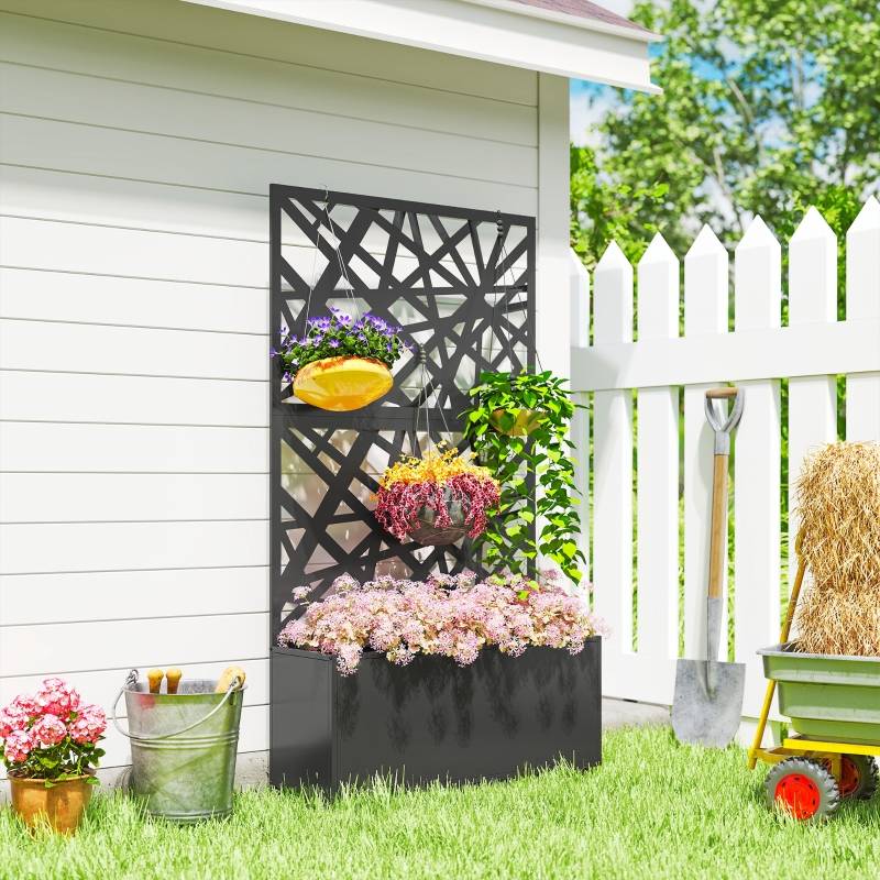 Jardinière avec treillis métal terrasse balcon séparateur espace 90x30x160cm noir - ComfortXL Outdoor Living - Image 1