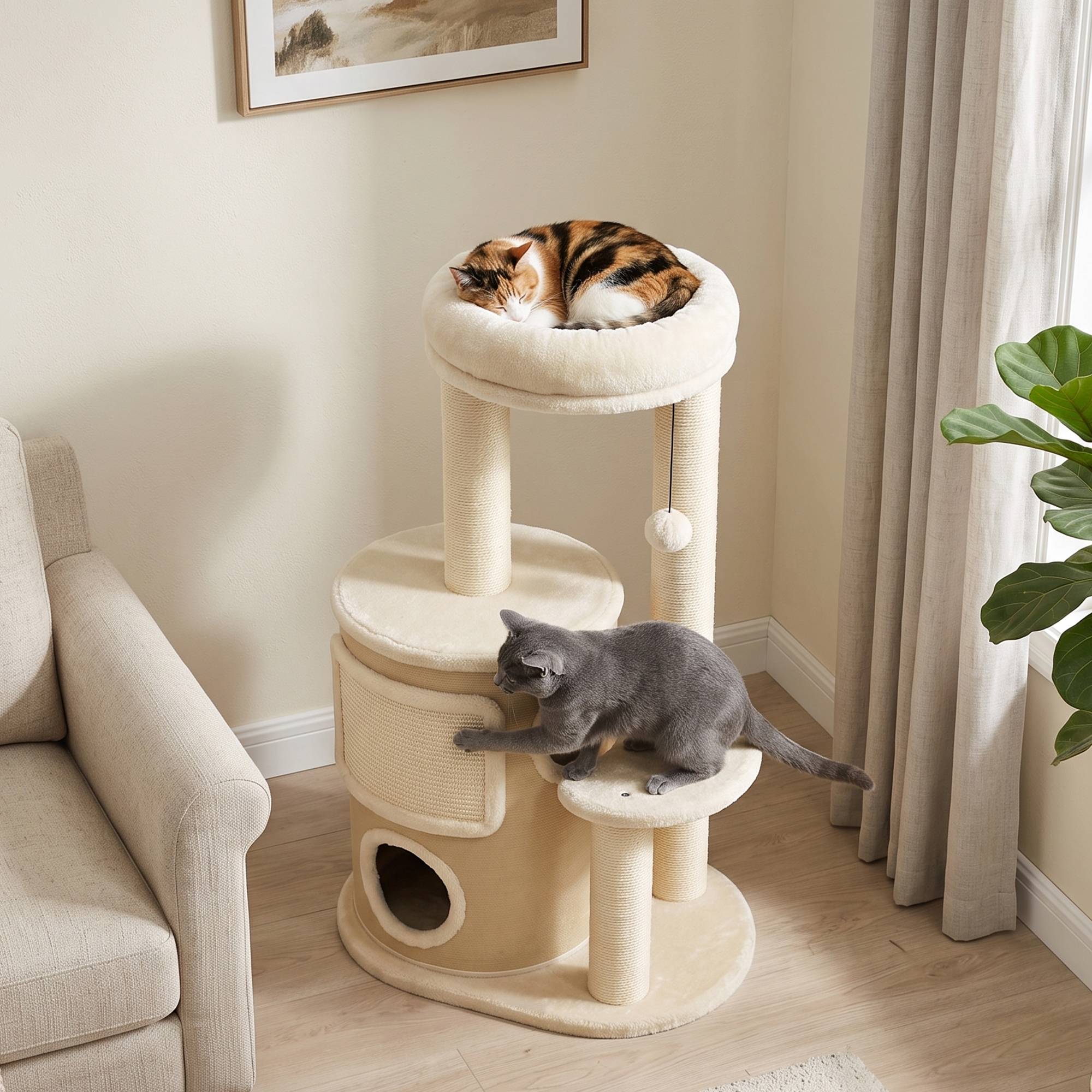 Arbre à chat tonneau 2 étages griffoirs sisal, plateforme griffoir balle, chats 5kg - Image 10