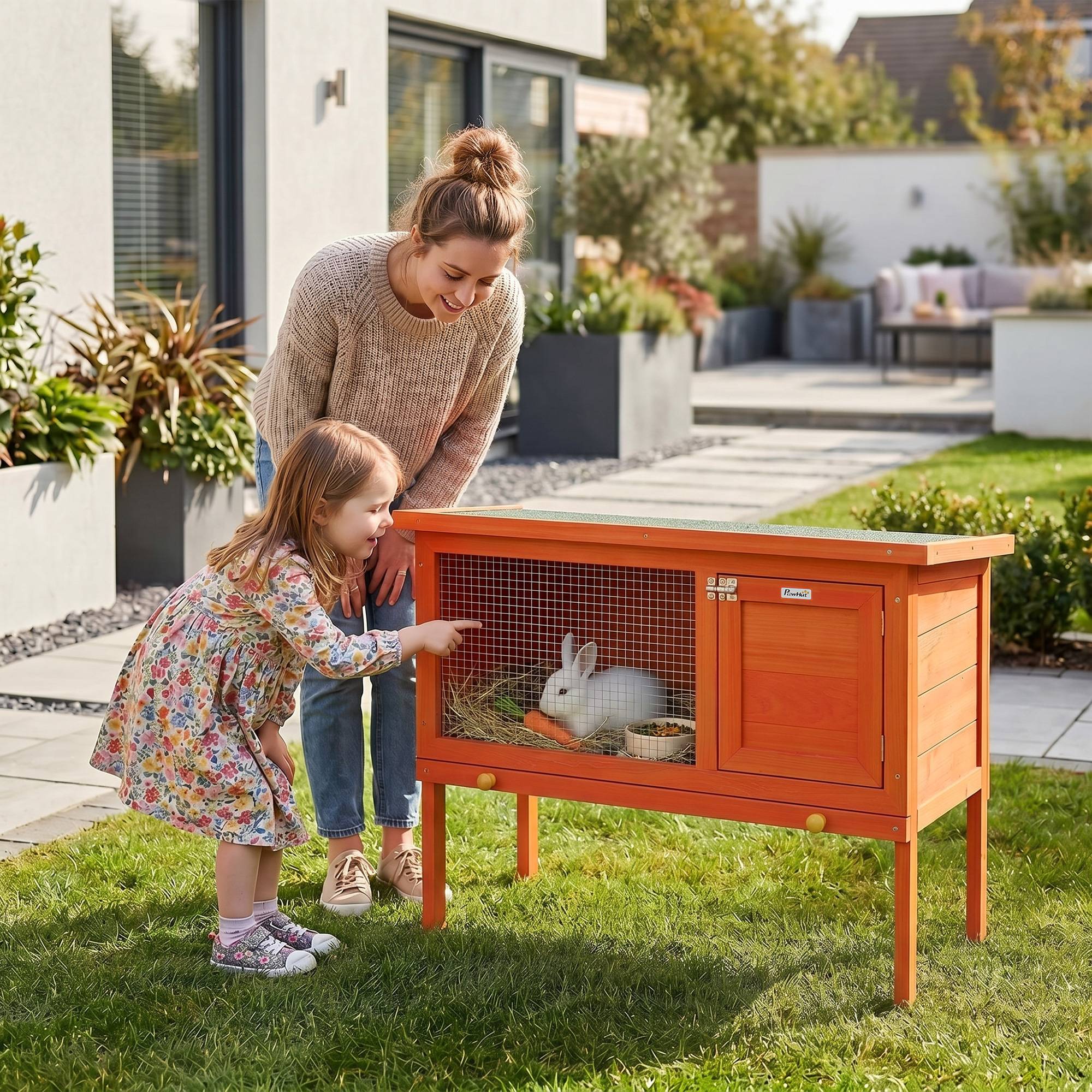 ComfortXL - Clapier lapin extérieur bois de pin 90x45x65 cm orange surélevé toit ouvrant - ComfortXL Outdoor Living - Image 2