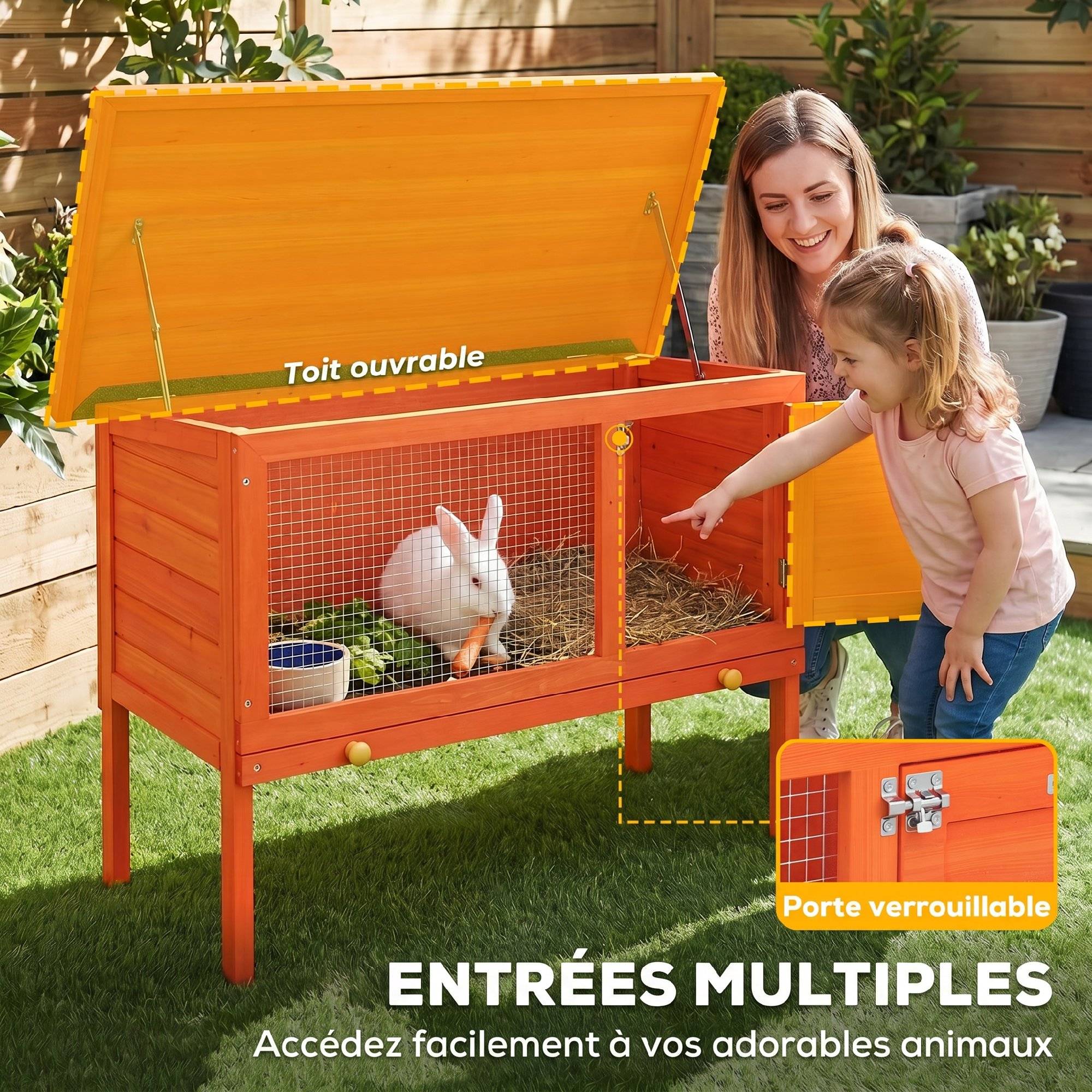 ComfortXL - Clapier lapin extérieur bois de pin 90x45x65 cm orange surélevé toit ouvrant - ComfortXL Outdoor Living - Image 6