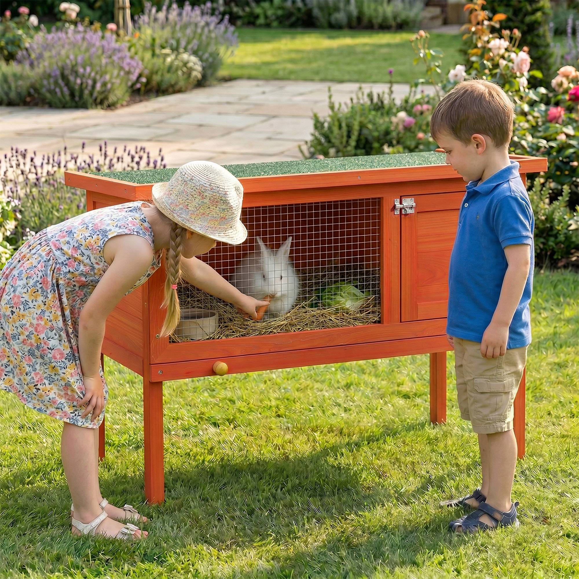 ComfortXL - Clapier lapin extérieur bois de pin 90x45x65 cm orange surélevé toit ouvrant - ComfortXL Outdoor Living - Image 3