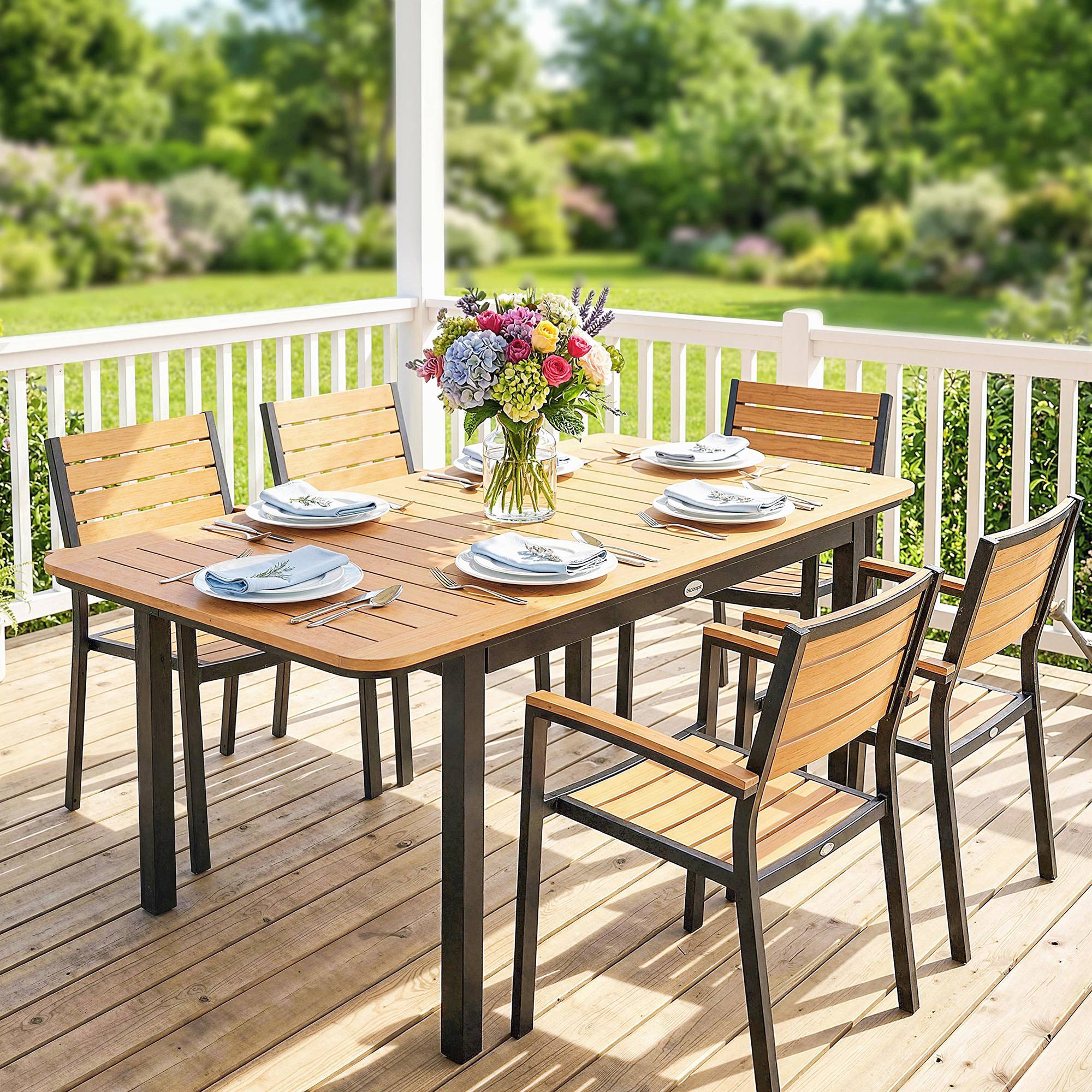 Table de Jardin 6 Personnes Rectangulaire en Bois Composite Cadre en Métal et Plateau à Lattes 127x70cm Marron - Image 10