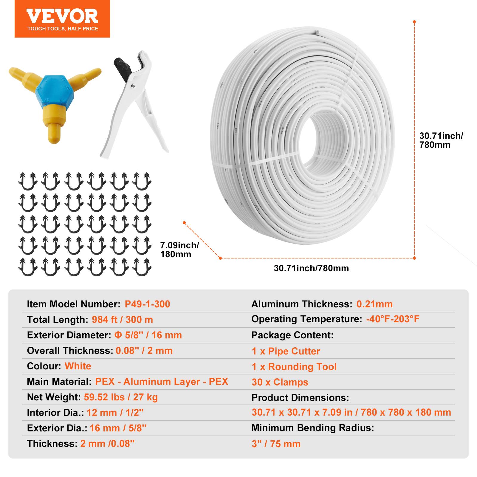 Vevor - VEVOR Tuyau PEX-AL-PEX Chauffage Sol 300 m Rouleau, Φ 16 mm Ep. 2 mm, Barrière Oxygène. - Image 7