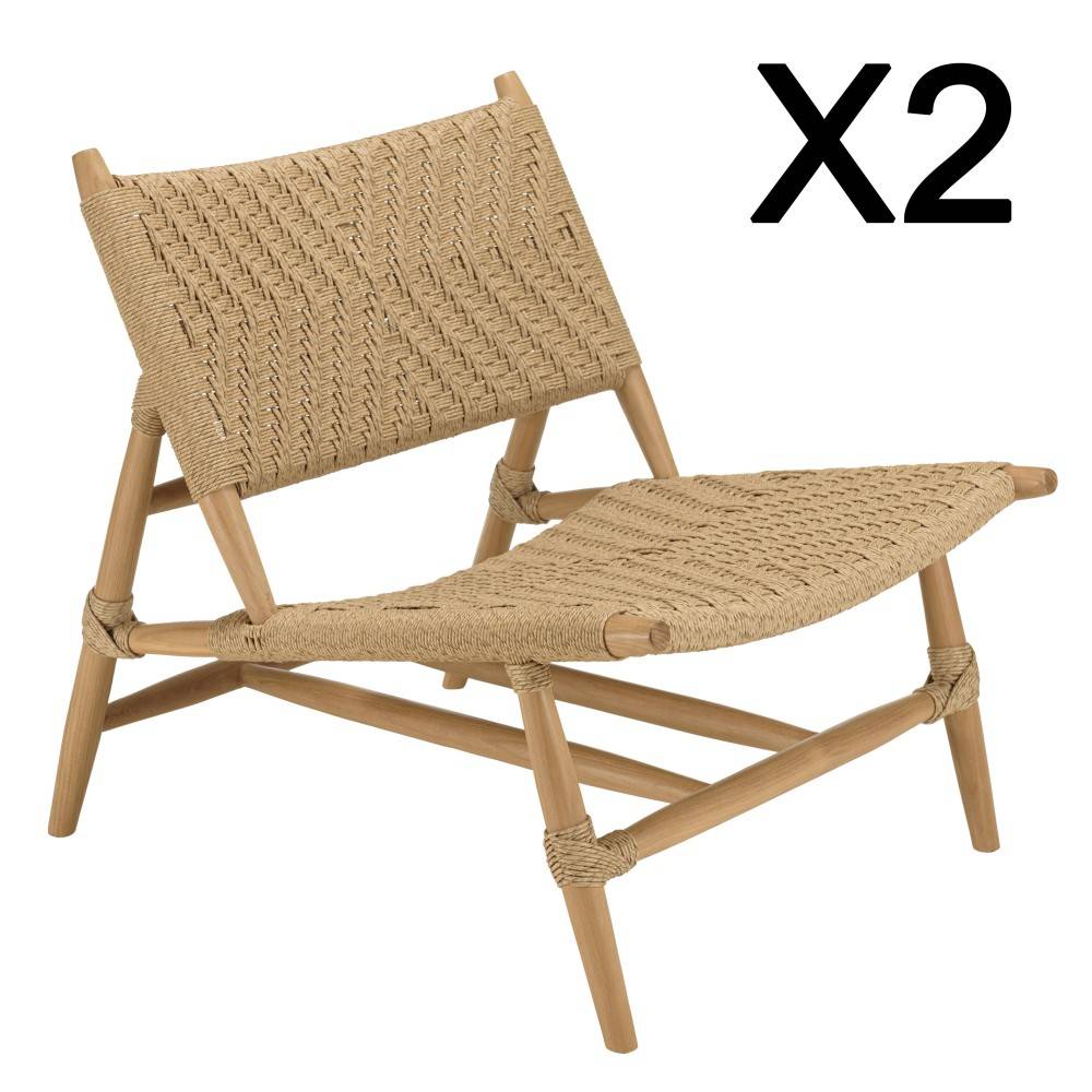 Macabane - VALERIA - Lot de 2 fauteuils lounge jardin en bois teck rotin relief - Image 10