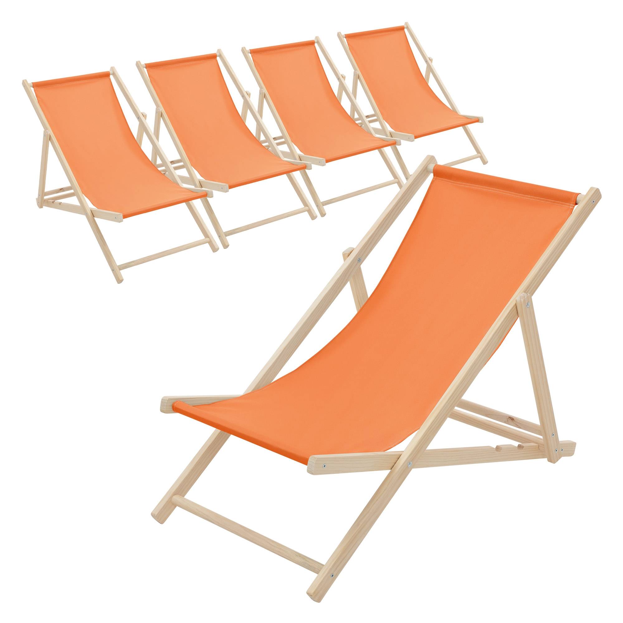 Ecd-Germany - Set 5x Chaise longue de jardin pliable orange en bois chiliennes 3 positions de couchage jusqu'à 120 kg usage intérieur extérieur balcon terrasse - Image 2