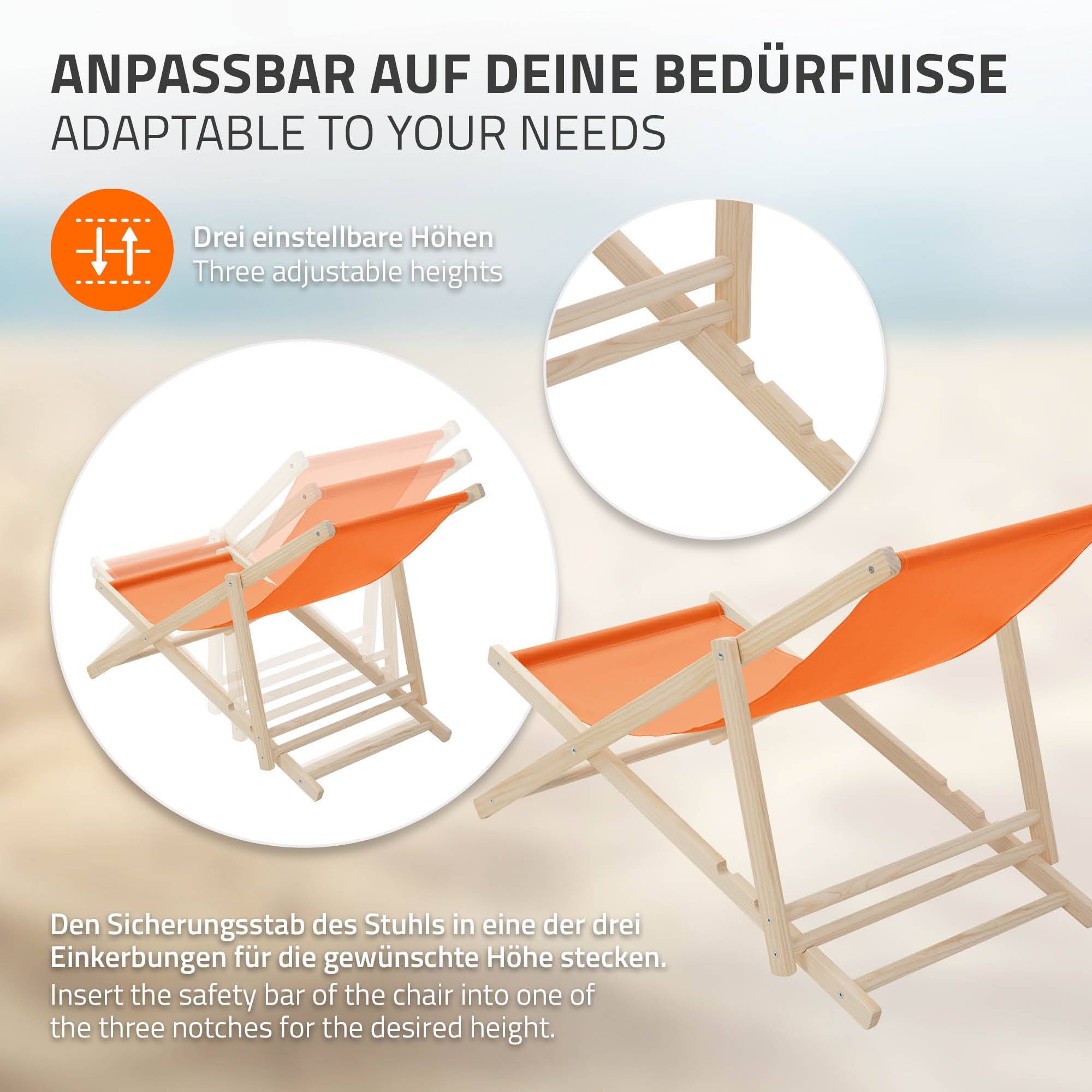 Ecd-Germany - Set 5x Chaise longue de jardin pliable orange en bois chiliennes 3 positions de couchage jusqu'à 120 kg usage intérieur extérieur balcon terrasse - Image 5