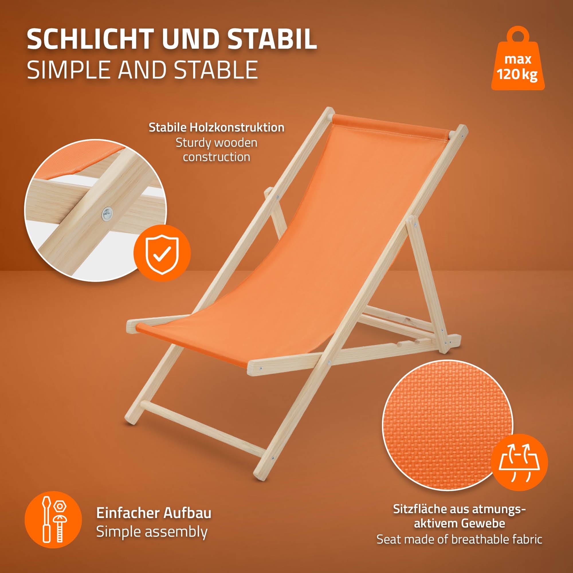 Ecd-Germany - Set 5x Chaise longue de jardin pliable orange en bois chiliennes 3 positions de couchage jusqu'à 120 kg usage intérieur extérieur balcon terrasse - Image 4