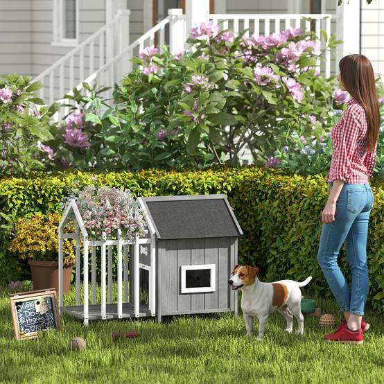 Niche chien extérieur bois sapin petits chiens terrasse toit asphalte 106x62cm gris - ComfortXL Outdoor Living - Image 4