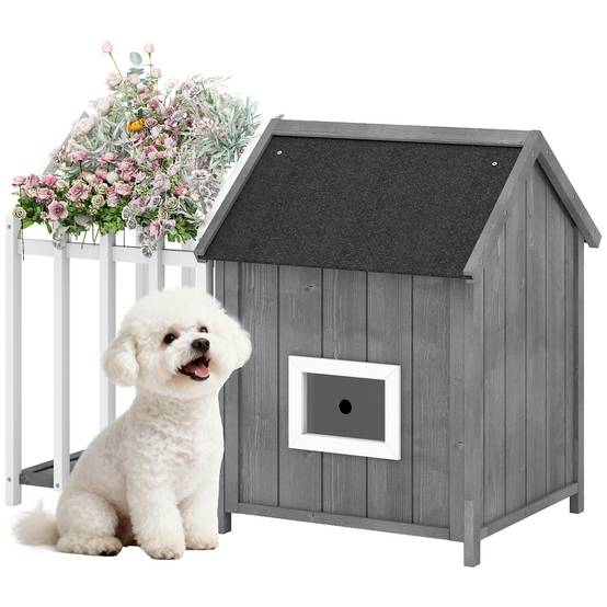 Niche chien extérieur bois sapin petits chiens terrasse toit asphalte 106x62cm gris - ComfortXL Outdoor Living - Image 1