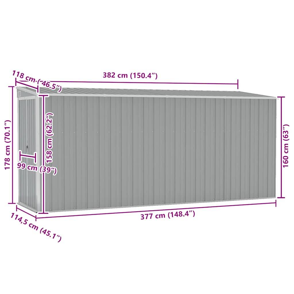 Vidaxl - Abri de jardin mural Gris 118x382x178 cm Acier galvanisé 4.5m² vidaXL 316230 - Image 3