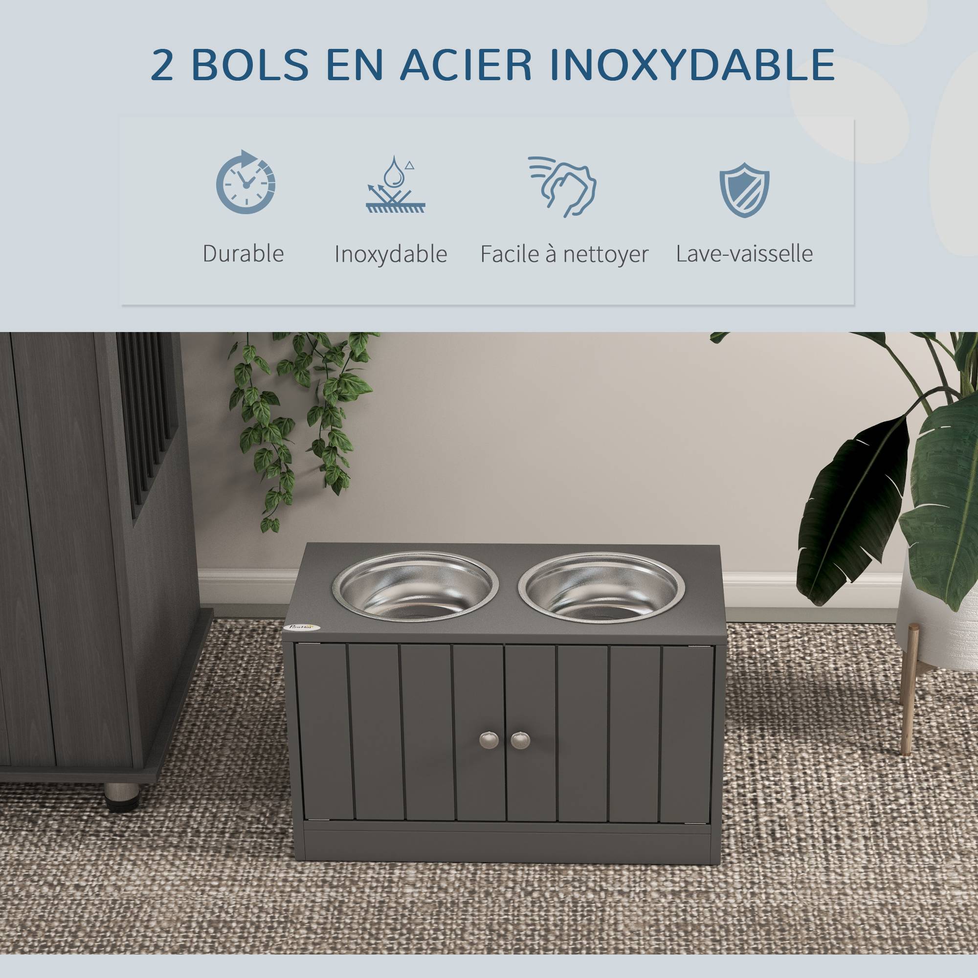Gamelles Chiens Surélevées Gamelle Double Chien Chat Porte-Gamelles 2L Acier Inox 60 x 30 x 35,5 cm Gris - Image 6