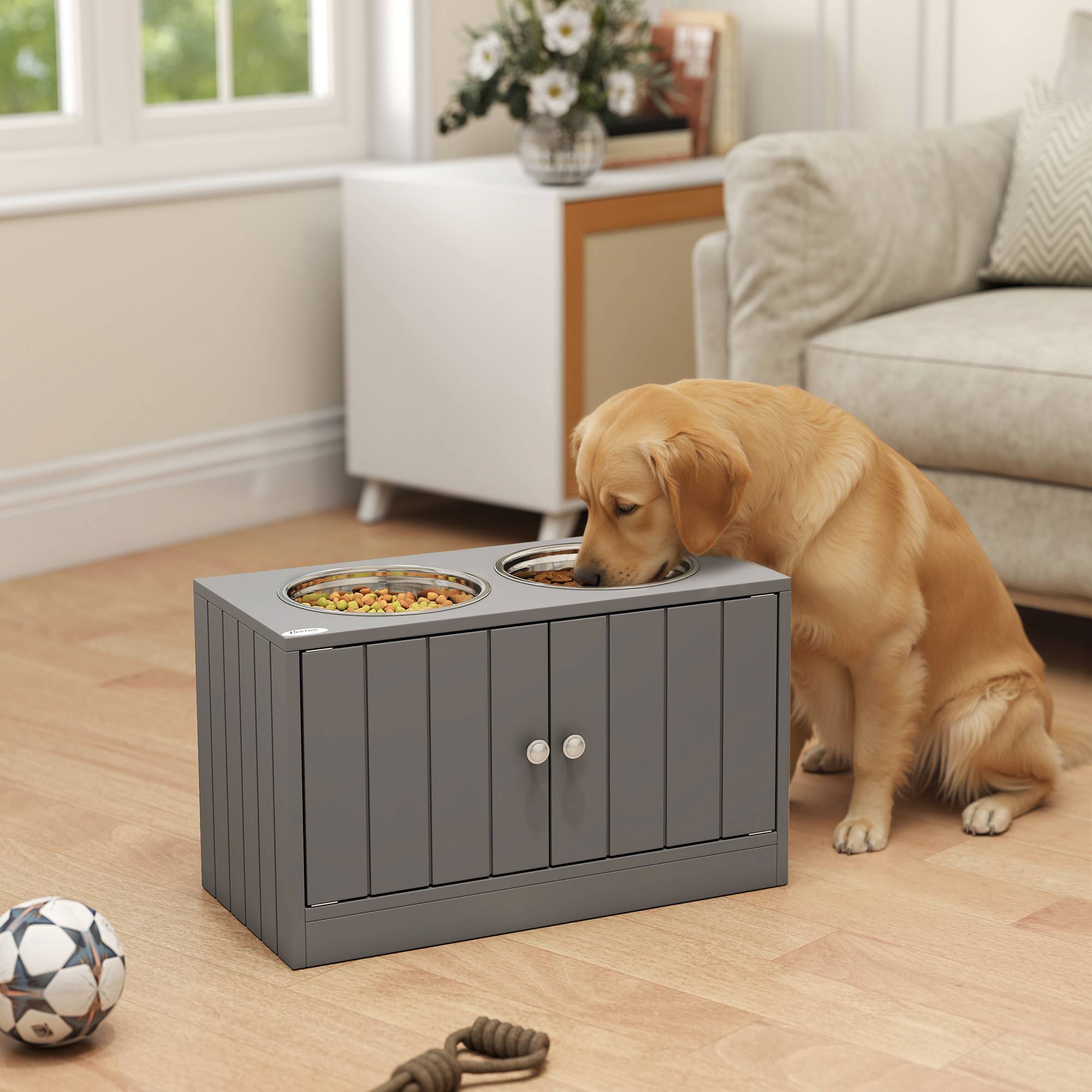 Gamelles Chiens Surélevées Gamelle Double Chien Chat Porte-Gamelles 2L Acier Inox 60 x 30 x 35,5 cm Gris - Image 3