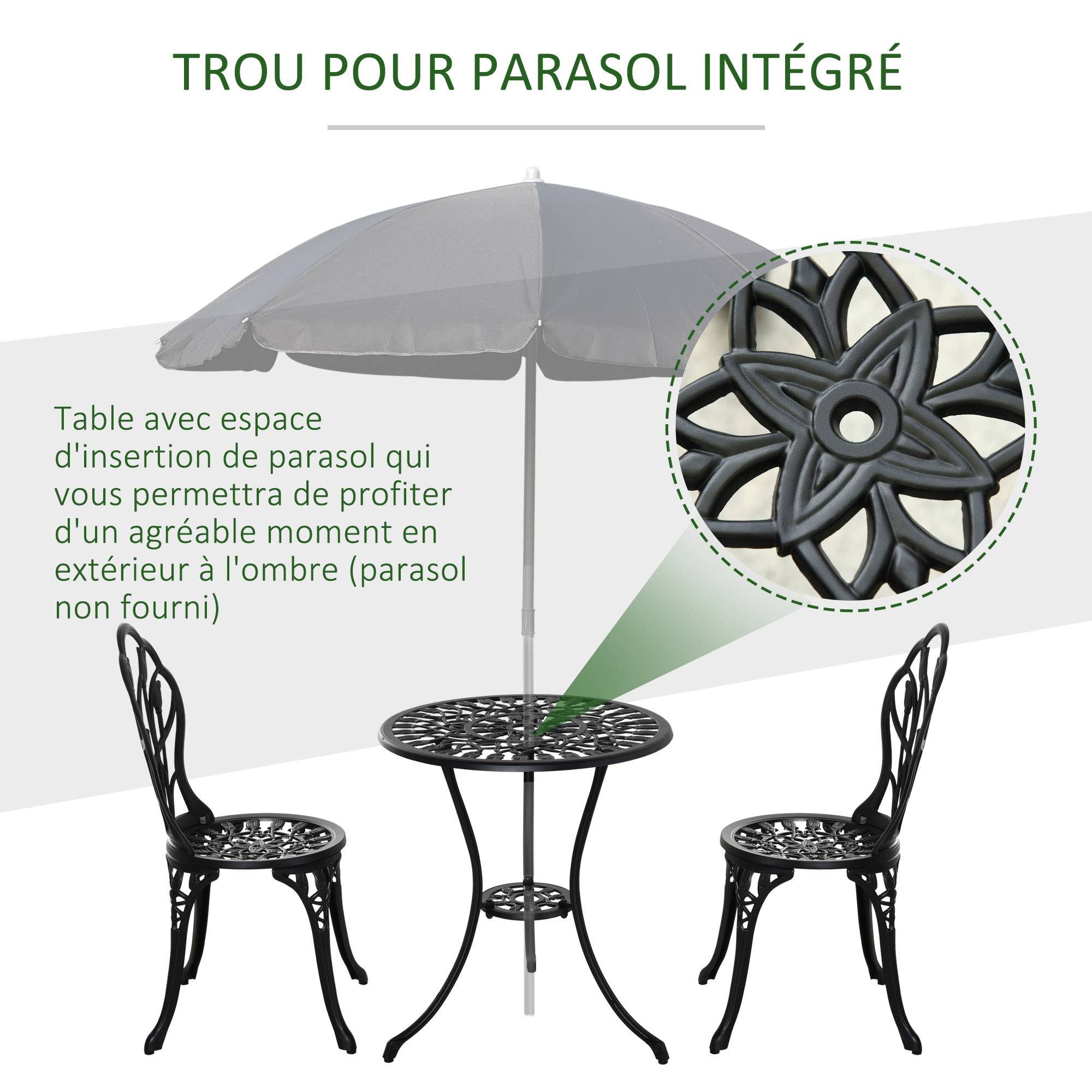 Outsunny - Ensemble salon de jardin 2 places 2 chaises + table ronde fonte d'aluminium imitation fer forgé noir - Outsunny - Image 6