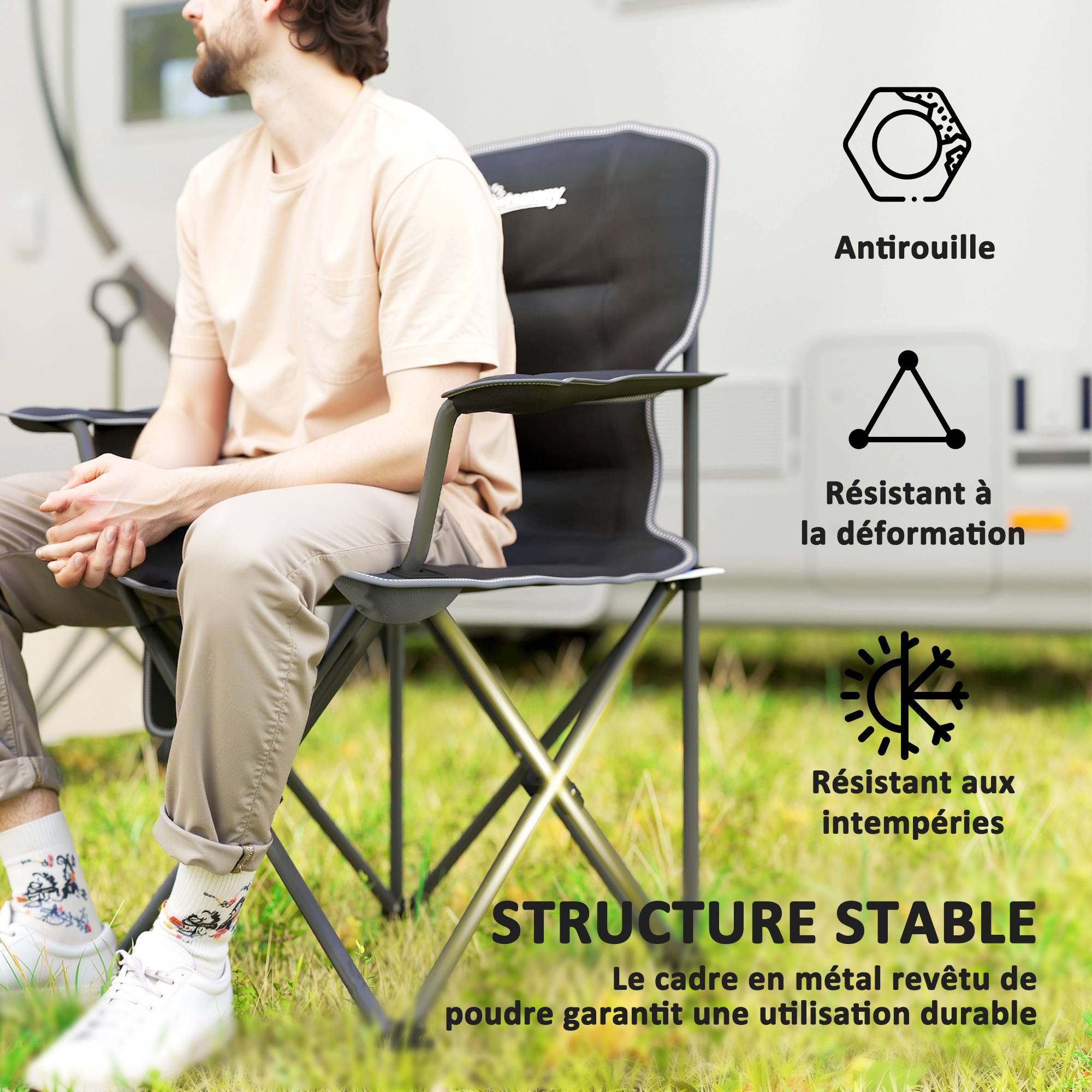 ComfortXL - Chaise de camping pliante tissu Oxford 600D extérieur portable avec porte-gobelet noire - ComfortXL Outdoor Living - Image 7