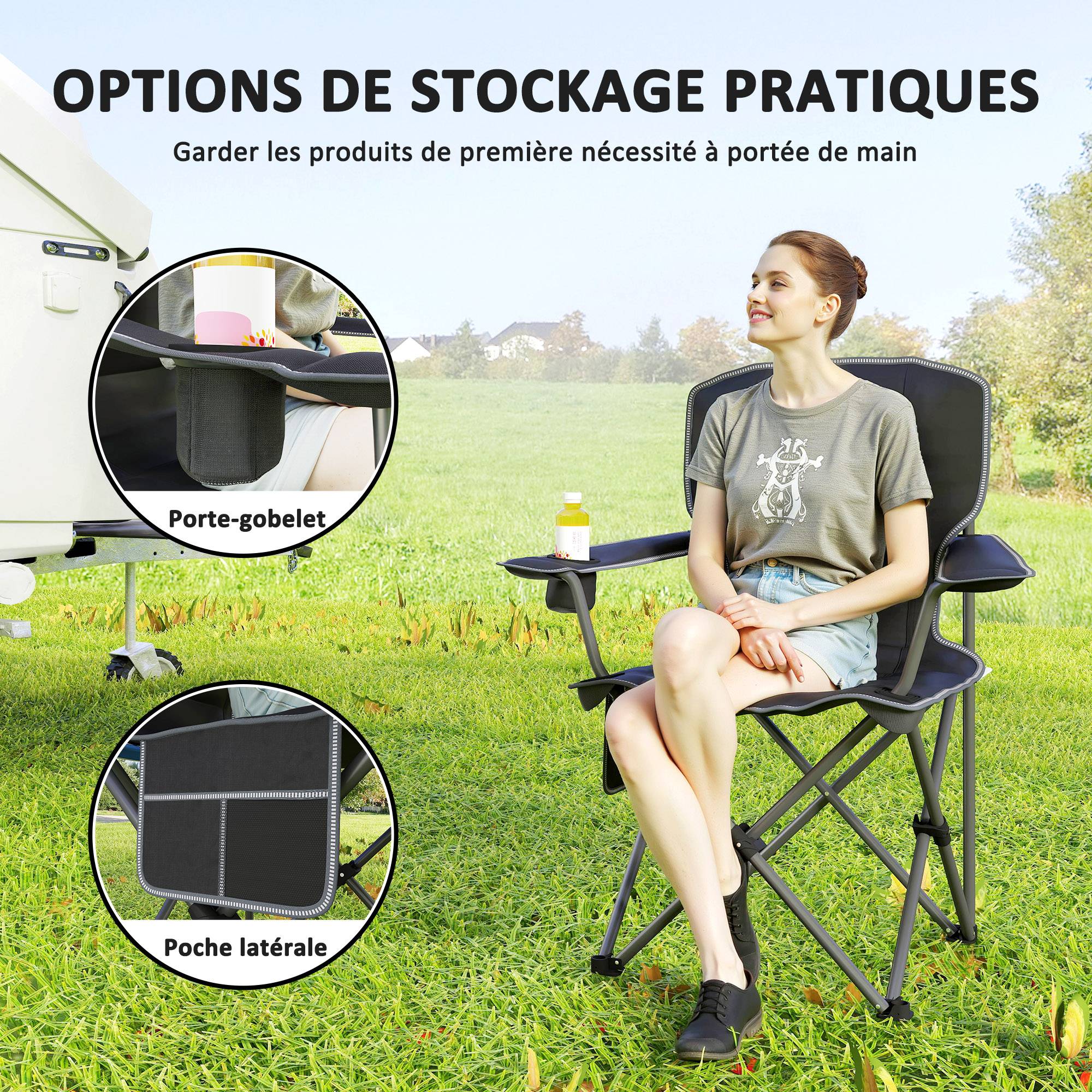 ComfortXL - Chaise de camping pliante tissu Oxford 600D extérieur portable avec porte-gobelet noire - ComfortXL Outdoor Living - Image 8