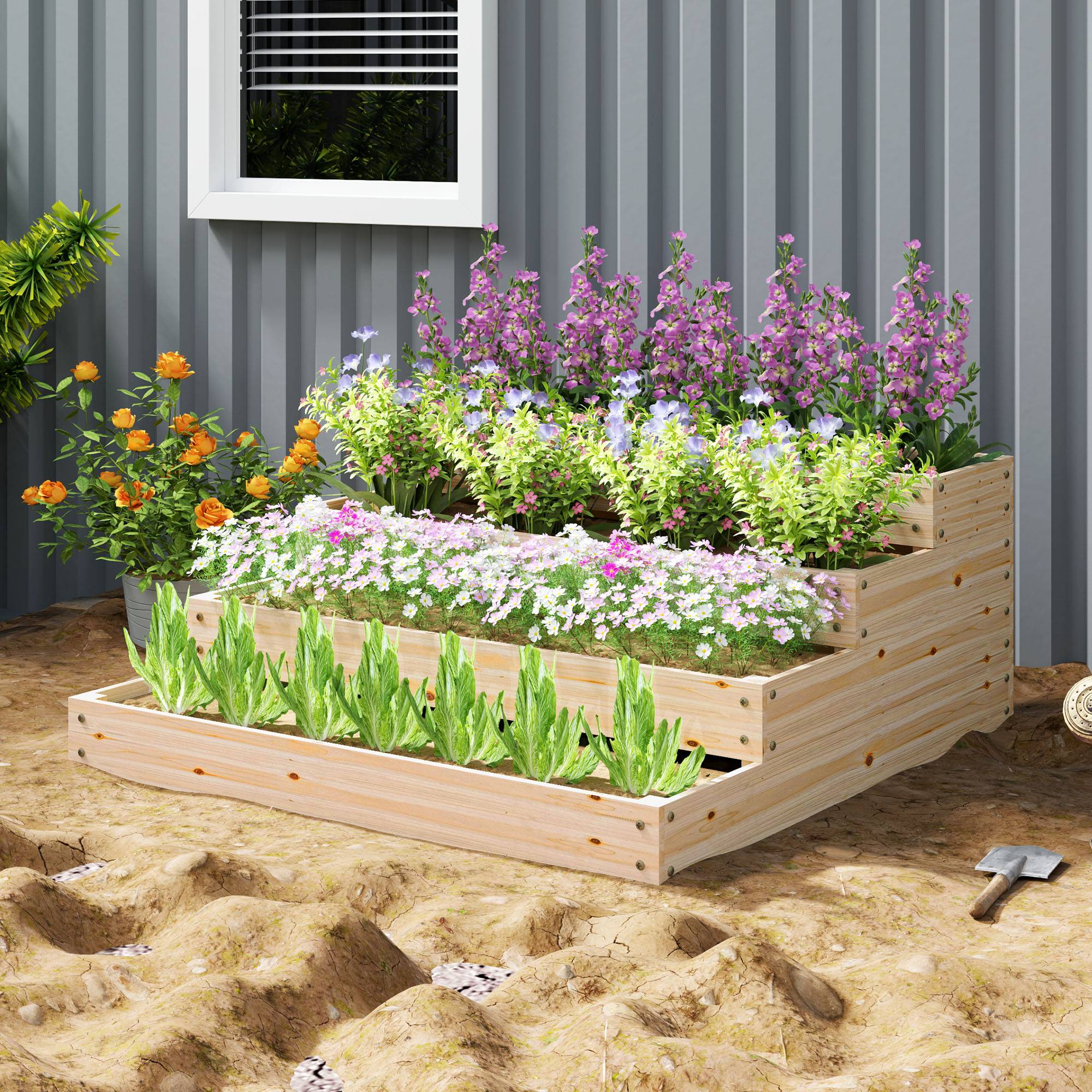 Carré potager de jardin sans fond 4 étages pour herbes légumes fruits fleurs 113 x 113 x 46 cm bois naturel - Image 4
