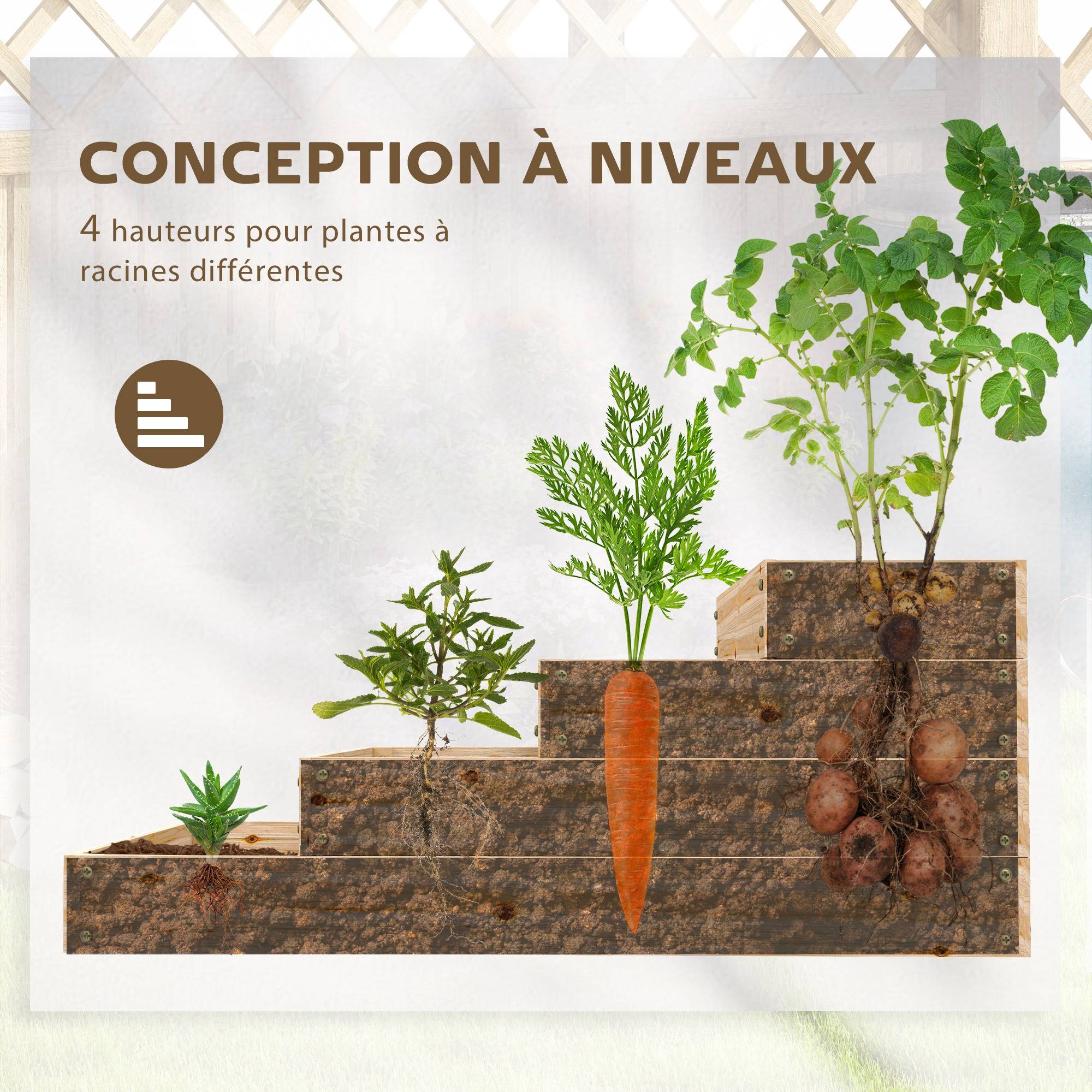 Carré potager de jardin sans fond 4 étages pour herbes légumes fruits fleurs 113 x 113 x 46 cm bois naturel - Image 6