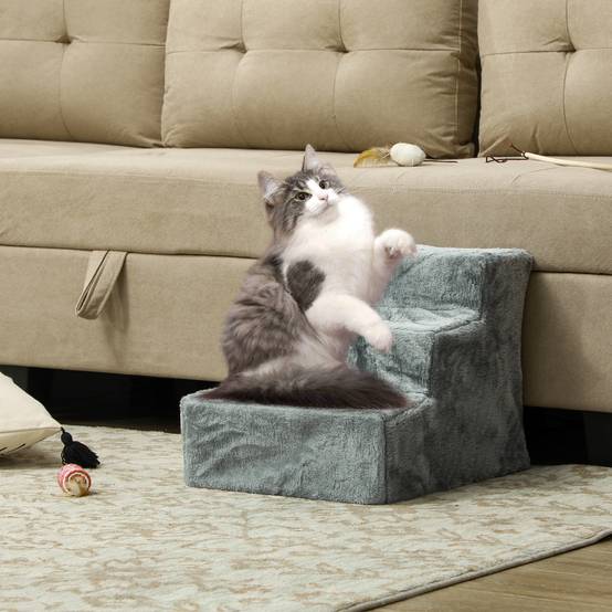 Escalier animaux pliable, 3 marches, housse peluche lavable, panneau, 46x35x35cm, gris clair - Image 4