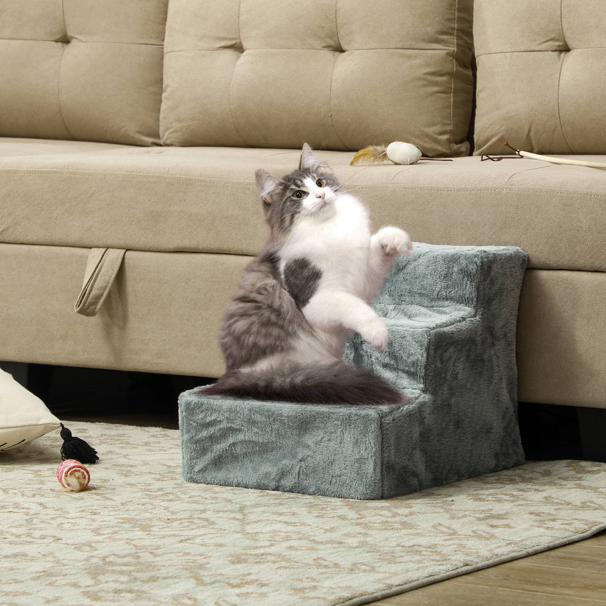 Escalier animaux pliable, 3 marches, housse peluche lavable, panneau, 46x35x35cm, gris clair - Image 4