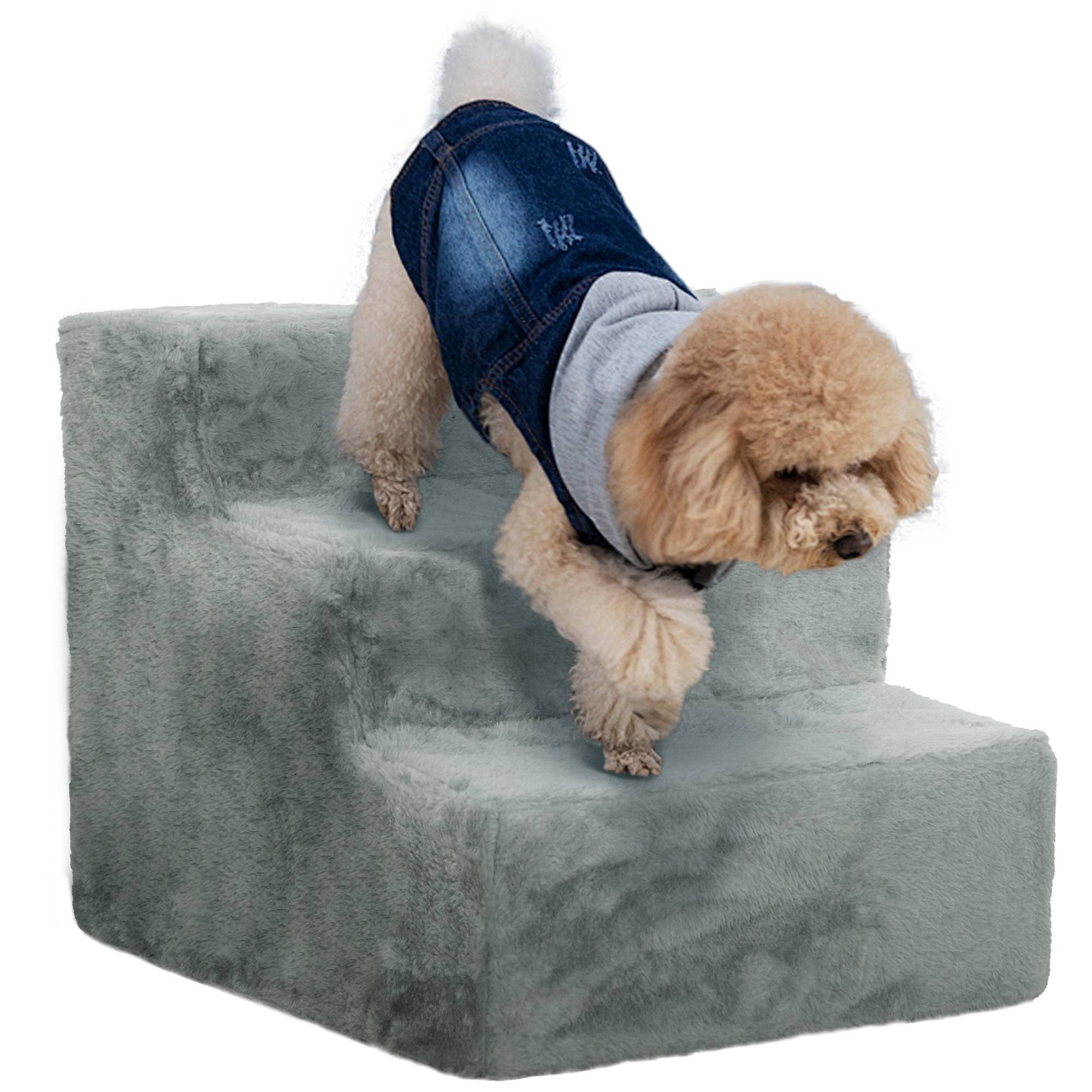 Escalier animaux pliable, 3 marches, housse peluche lavable, panneau, 46x35x35cm, gris clair - Image 1