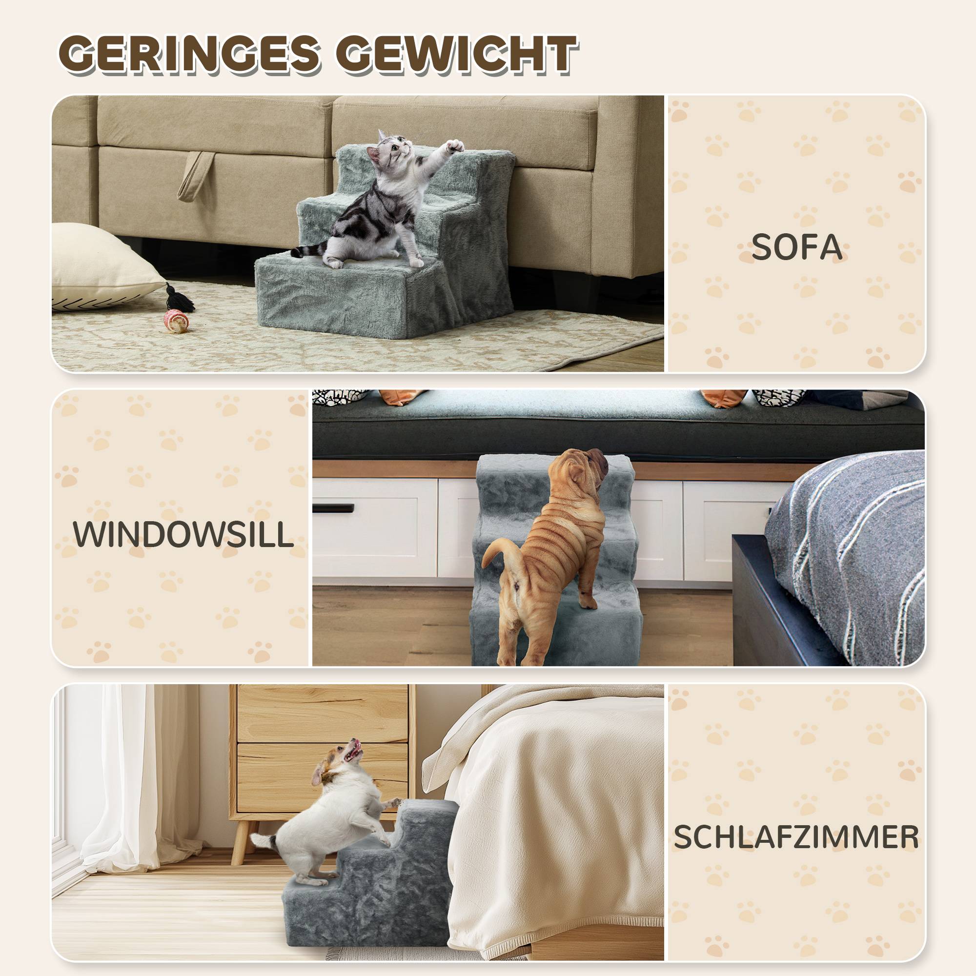 Escalier animaux pliable, 3 marches, housse peluche lavable, panneau, 46x35x35cm, gris clair - Image 9
