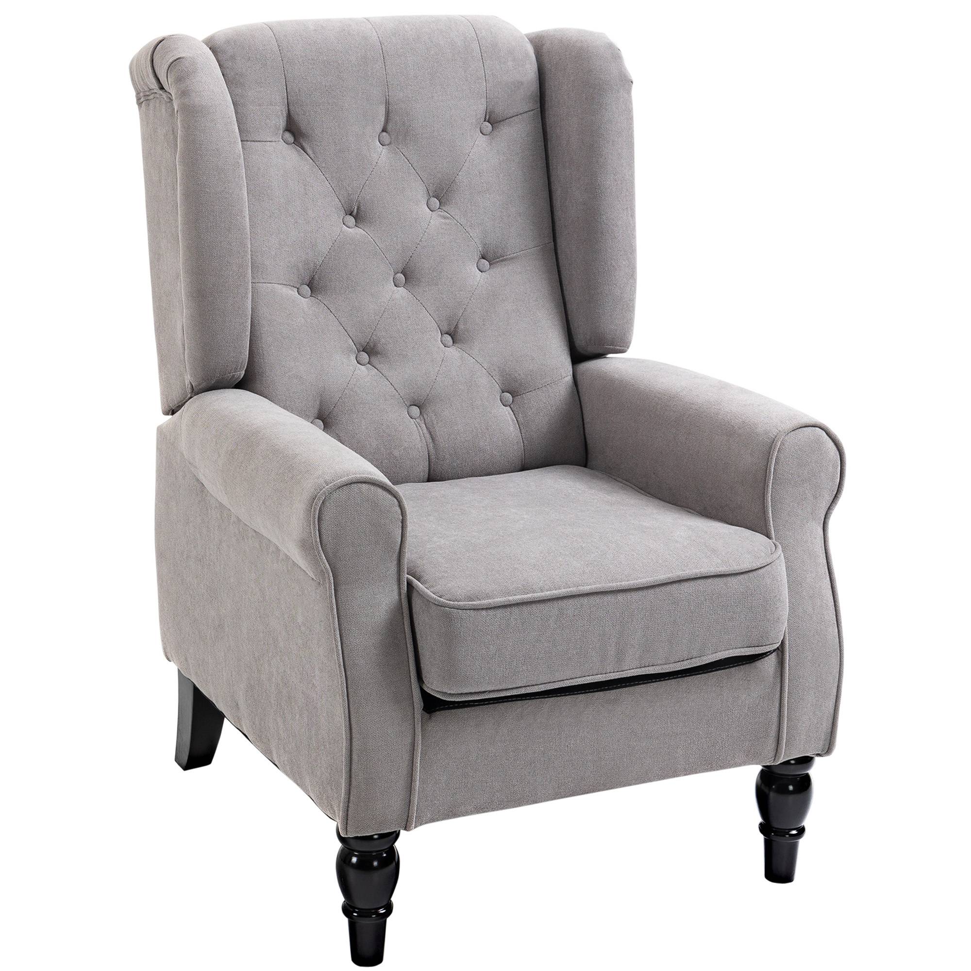 Fauteuil de salon capitonné avec assise large, pieds en bois, style classique, grand confort, 74 x 86 x 102 cm, gris - Image 1