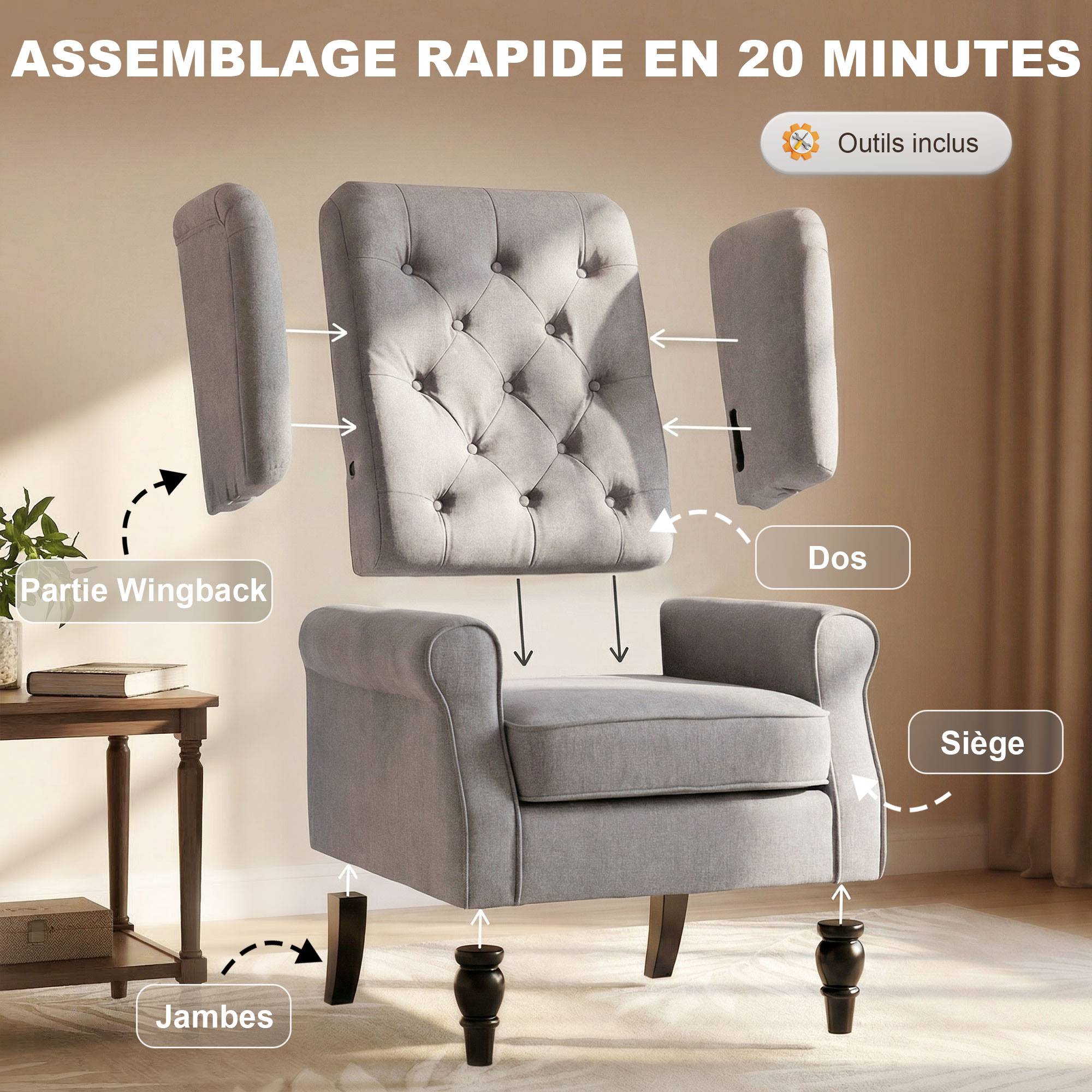 Fauteuil de salon capitonné avec assise large, pieds en bois, style classique, grand confort, 74 x 86 x 102 cm, gris - Image 9