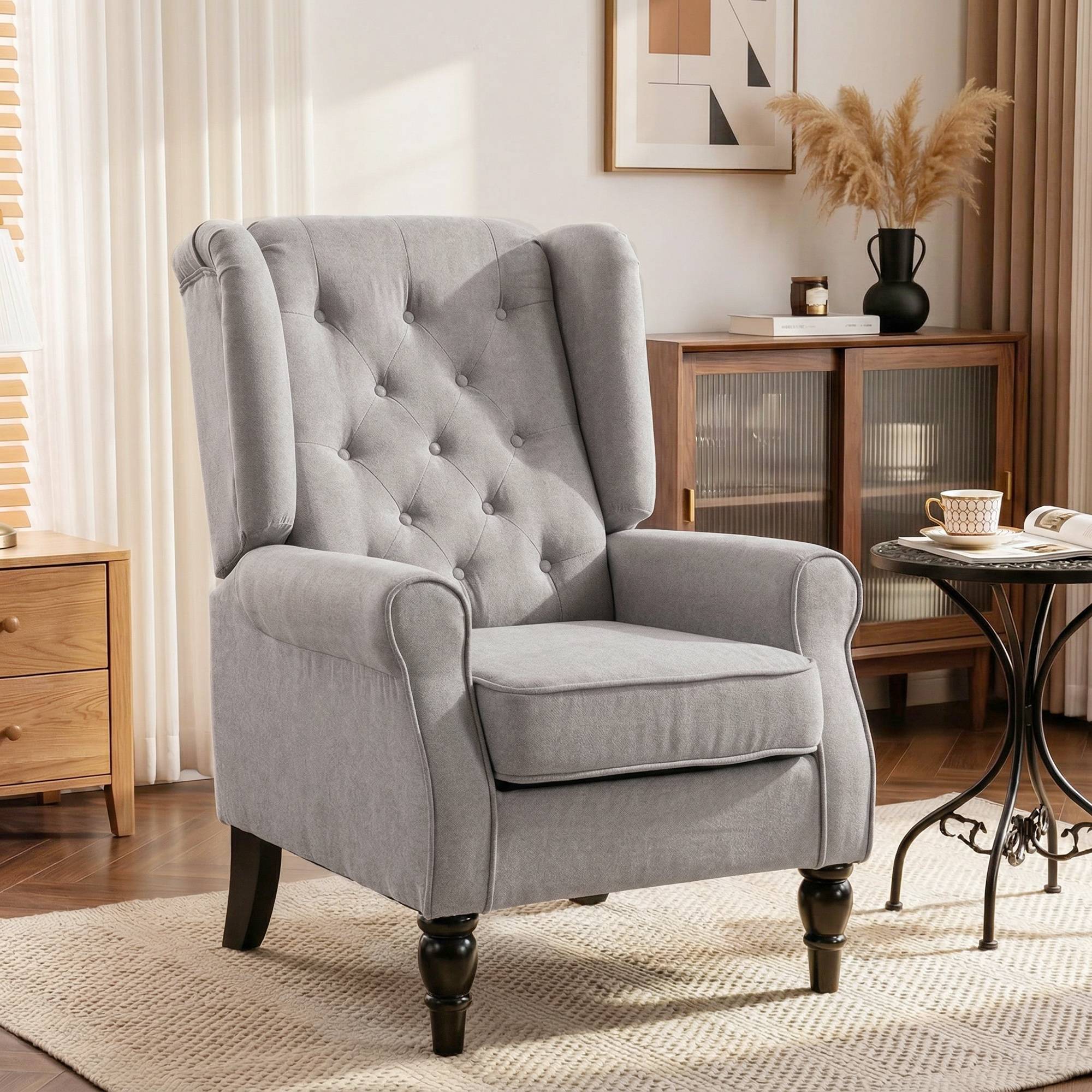 Fauteuil de salon capitonné avec assise large, pieds en bois, style classique, grand confort, 74 x 86 x 102 cm, gris - Image 3
