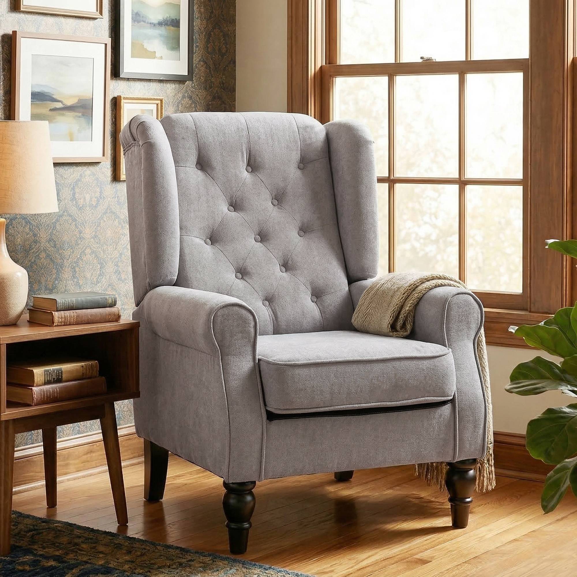 Fauteuil de salon capitonné avec assise large, pieds en bois, style classique, grand confort, 74 x 86 x 102 cm, gris - Image 10