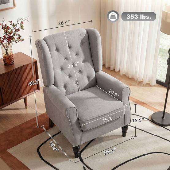 Fauteuil de salon capitonné avec assise large, pieds en bois, style classique, grand confort, 74 x 86 x 102 cm, gris - Image 5