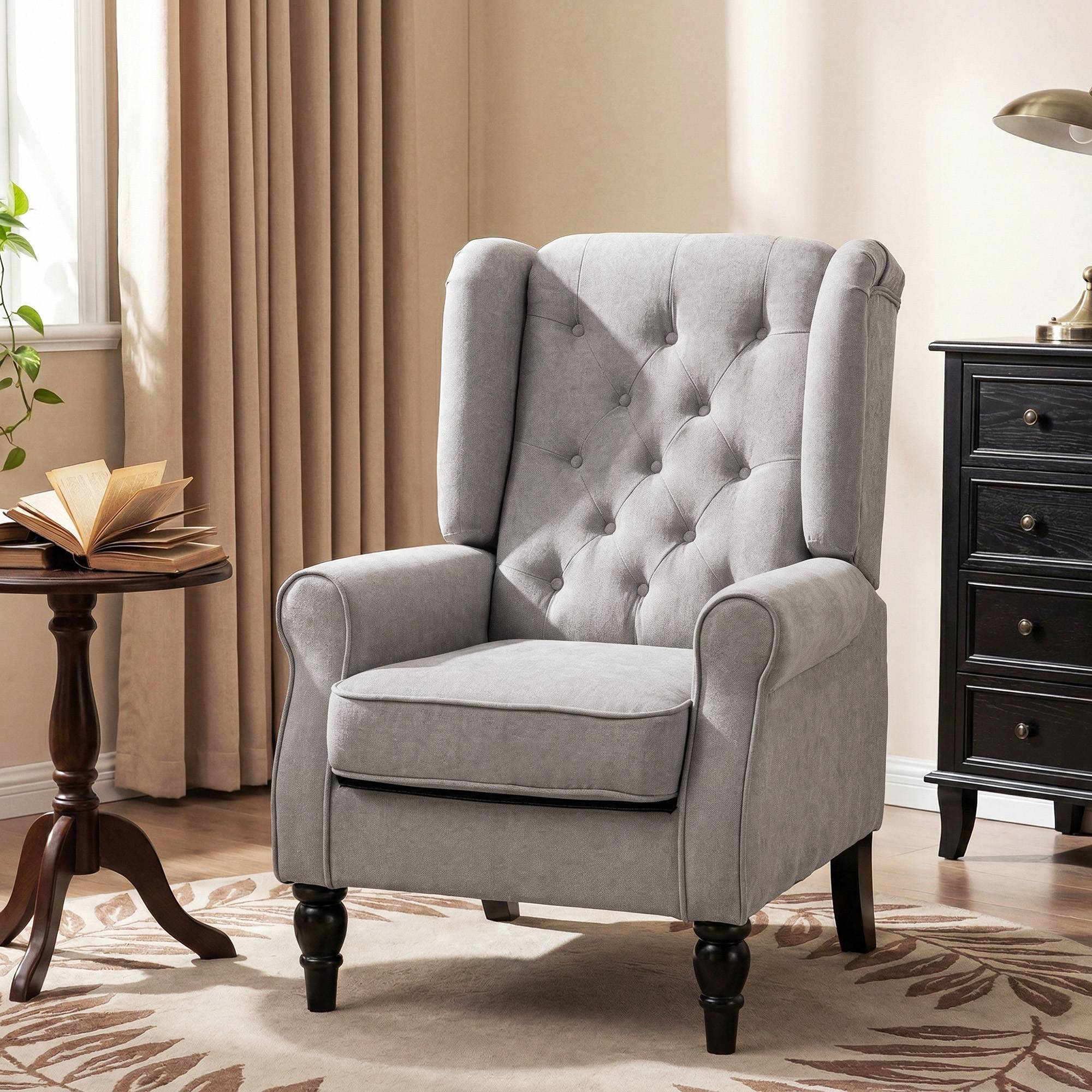 Fauteuil de salon capitonné avec assise large, pieds en bois, style classique, grand confort, 74 x 86 x 102 cm, gris - Image 4