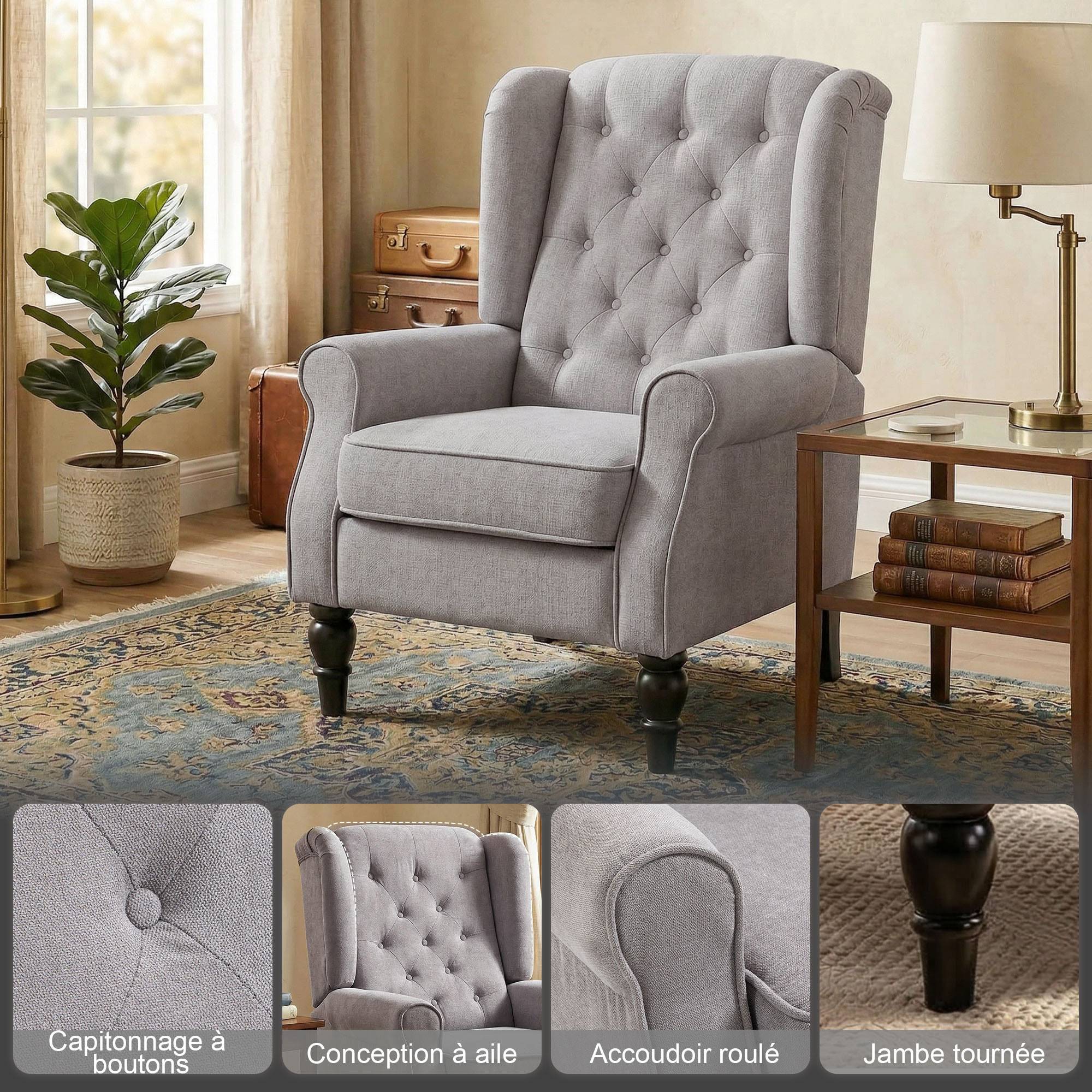 Fauteuil de salon capitonné avec assise large, pieds en bois, style classique, grand confort, 74 x 86 x 102 cm, gris - Image 6