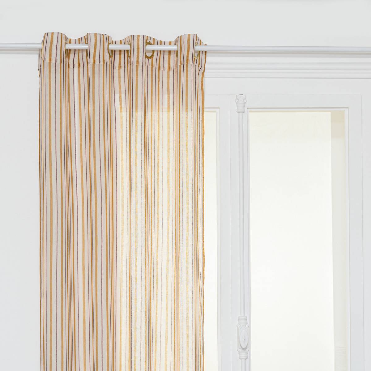 Voilage à œillets Cannelle et Violet aspect Lin avec rayures 140 x 240 cm - Image 1