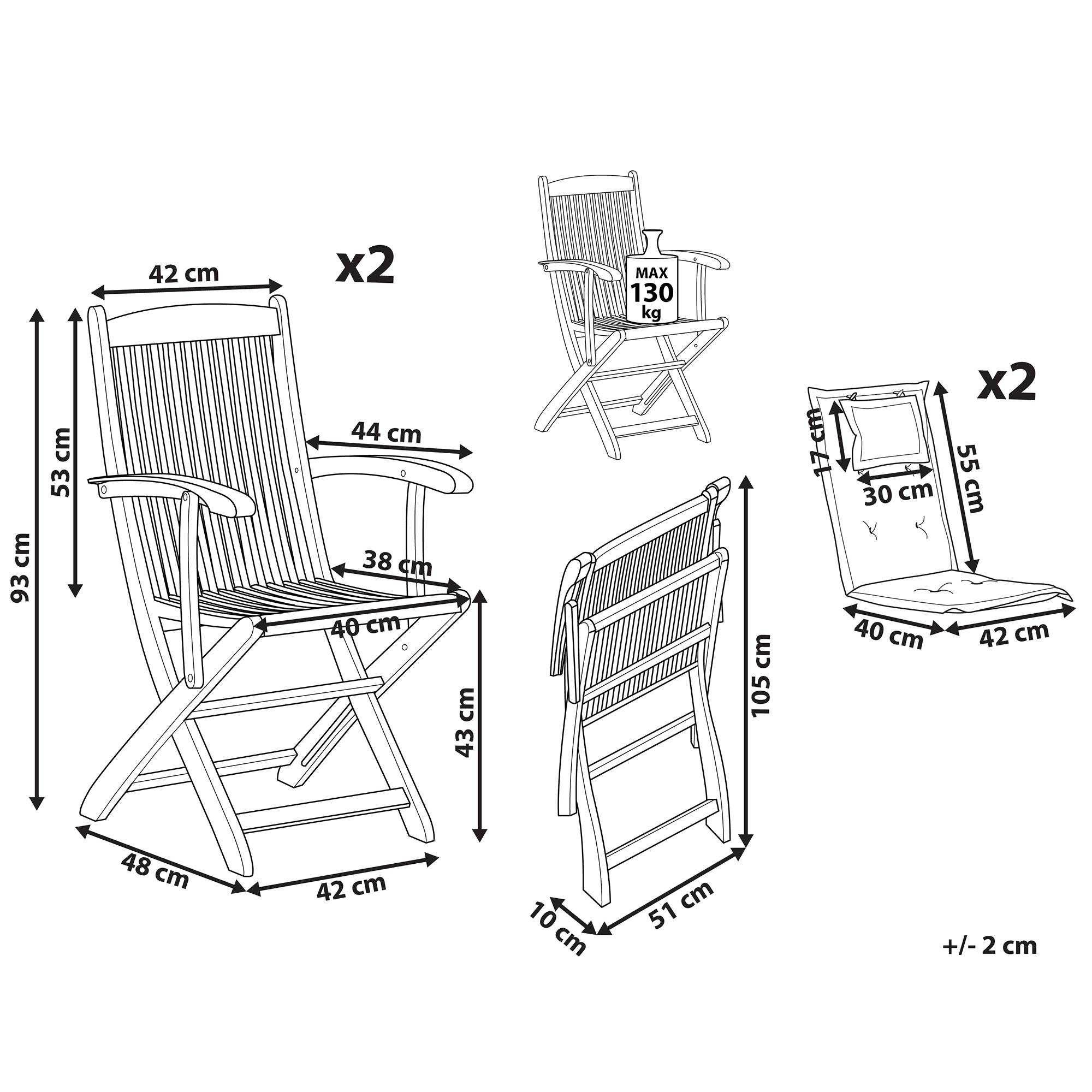 Beliani - Lot 2 Chaises de Jardin Pliables en Bois d'Acacia avec Coussins d'Assise Gris Foncés Confort et Design pour Terrasse au Style Campagne Beliani - Image 3